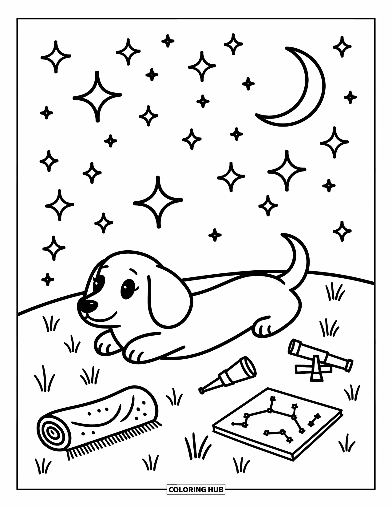 Dachshund Coloring Page for Adults: Starry sky and tiny sparkles surround a pup watching the night sky