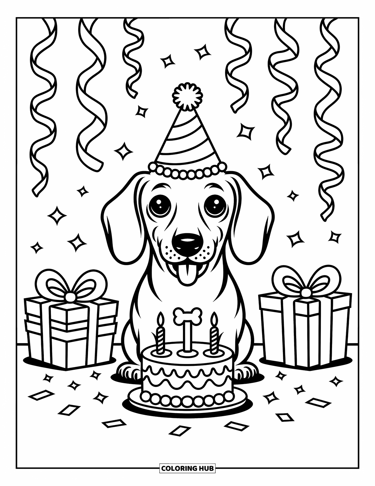 Dachshund Coloring Page for Adults: Streamers fly as a dachshund celebrates with a tiny cake and cozy presents
