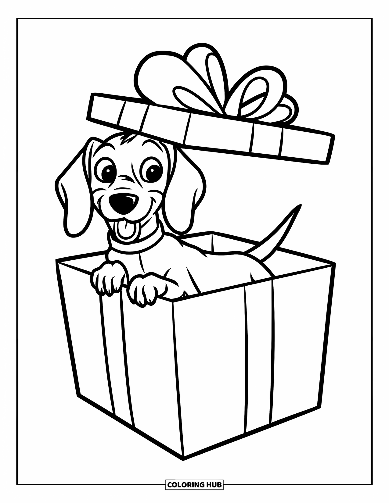 Dachshund Coloring Page for Kids: Cheerful dachshund smiles from inside a box with a ribbon