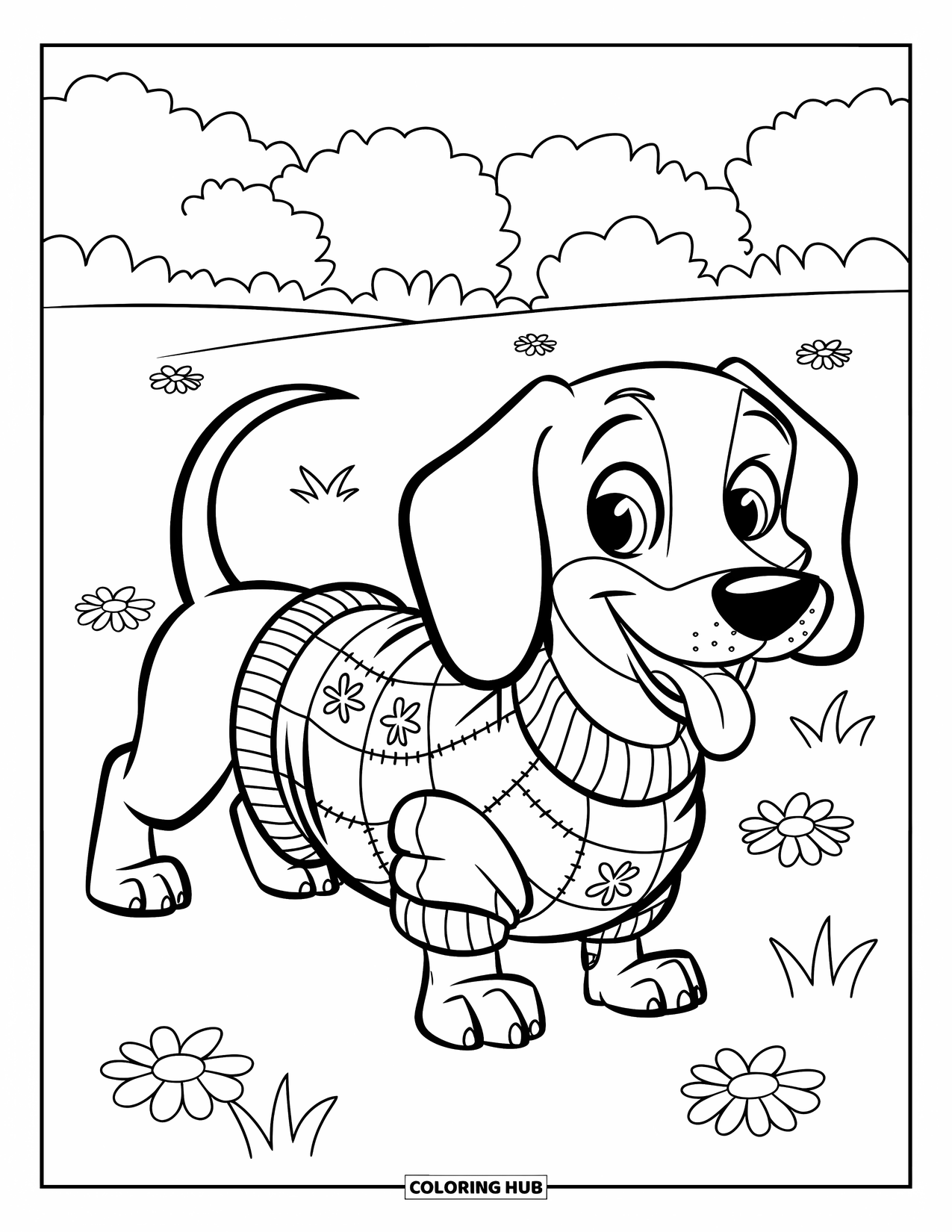 Dachshund Coloring Page for Kids: Cheerful pup wags its tail on a flowery field in a sweater