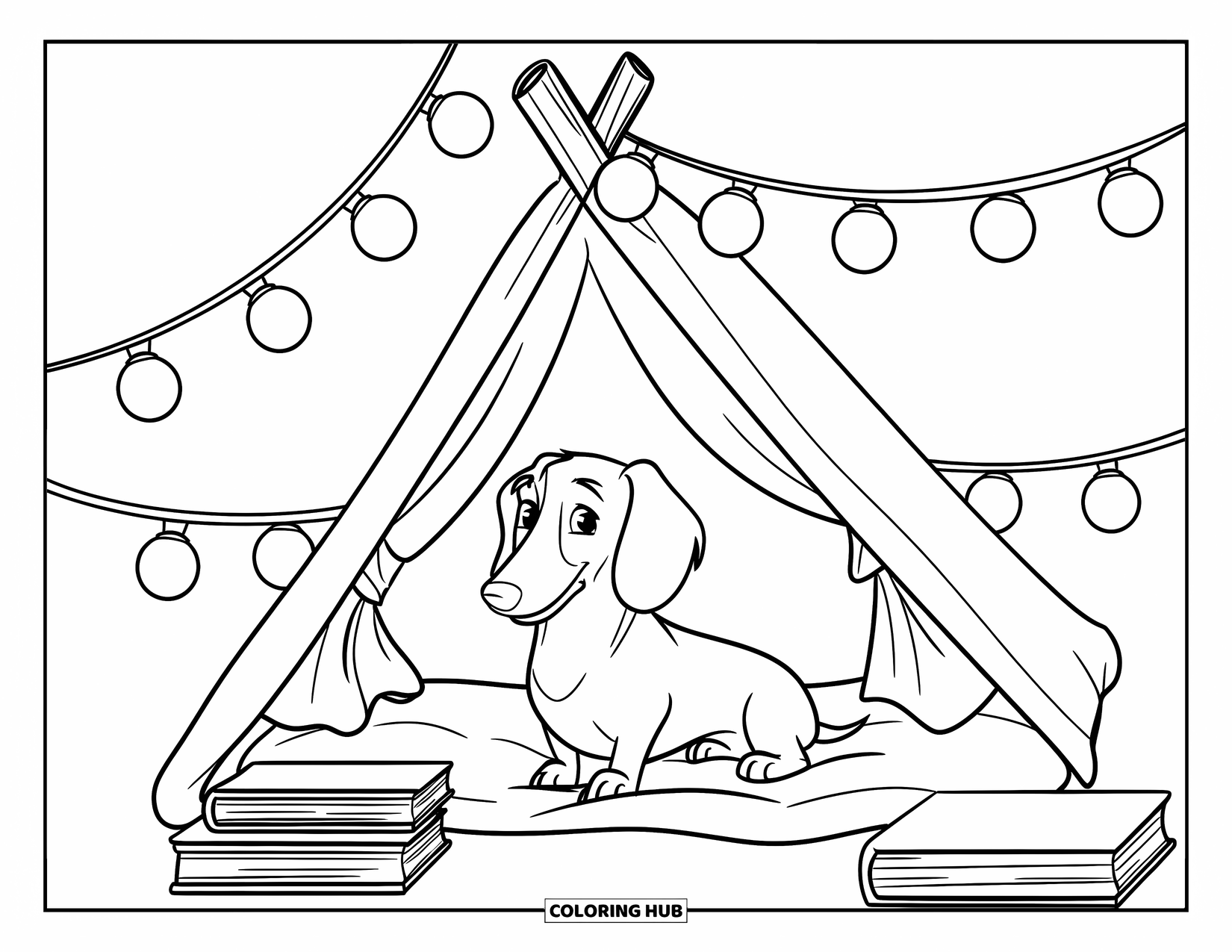 Dachshund Coloring Page for Kids: Cozy pup rests in a blanket tent surrounded by books and lights
