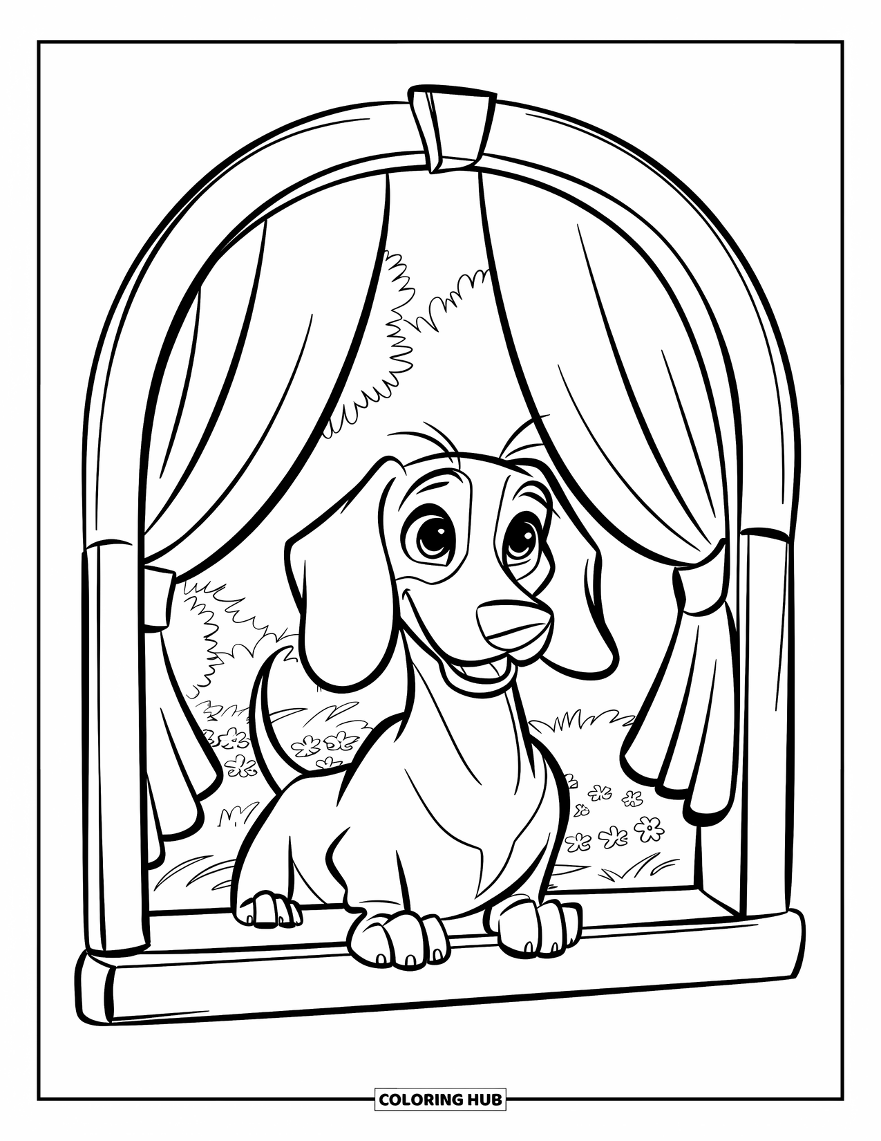 Dachshund Coloring Page for Kids: Curious dachshund peeks from an arched window into a blooming garden