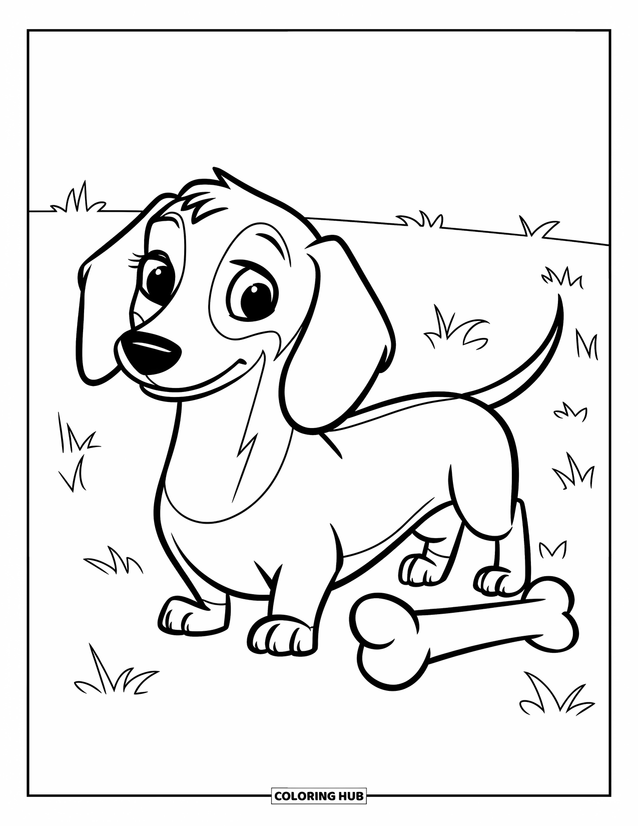 Dachshund Coloring Page for Kids: Cute dachshund with short fur stands by a bone on the grass