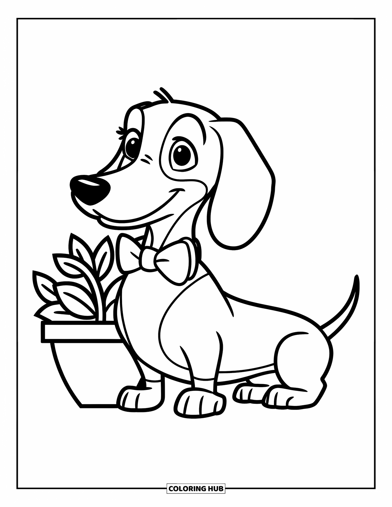 Dachshund Coloring Page for Kids: Dachshund in a bowtie sits next to a flowerpot on white background