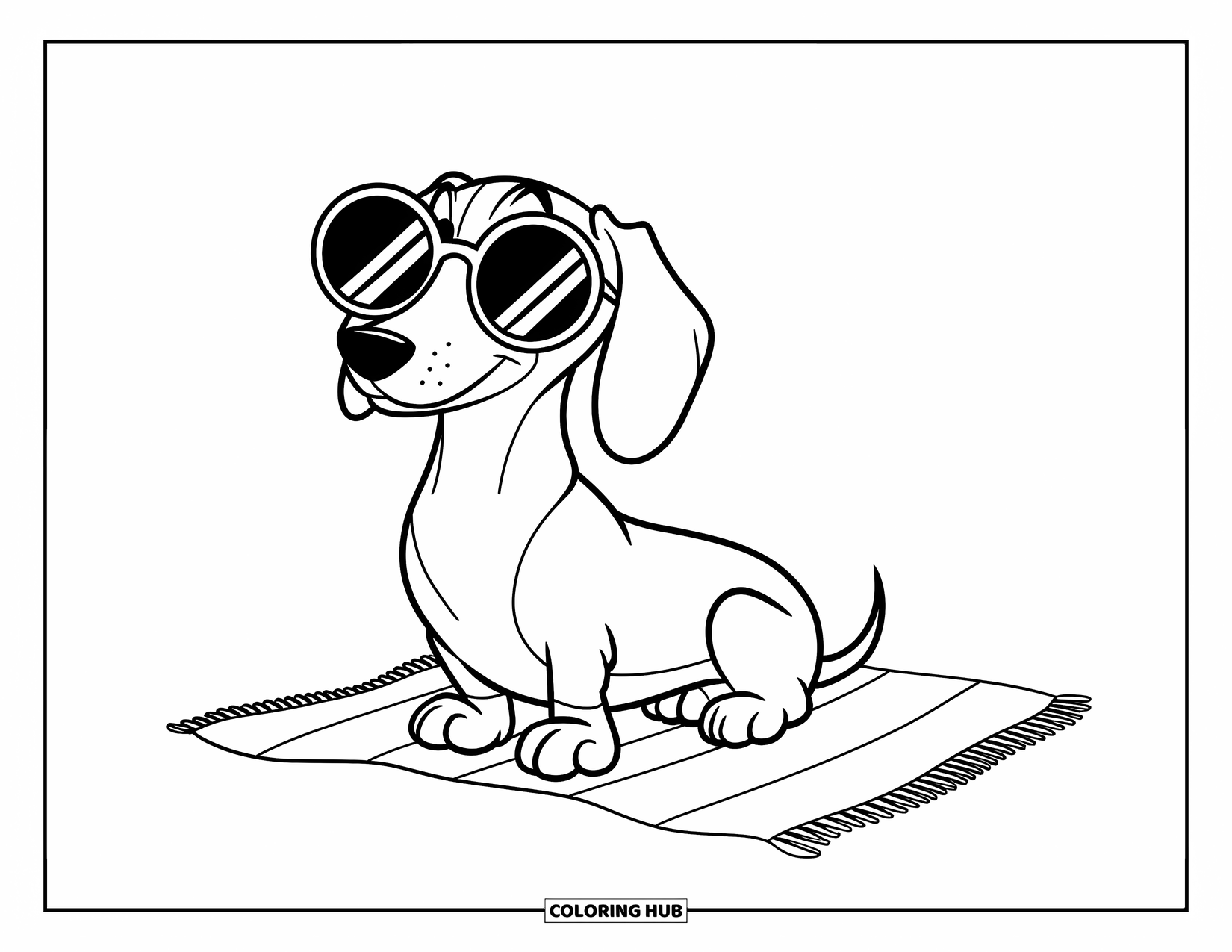 Dachshund Coloring Page for Kids: Dachshund in sunglasses relaxes on a beach towel