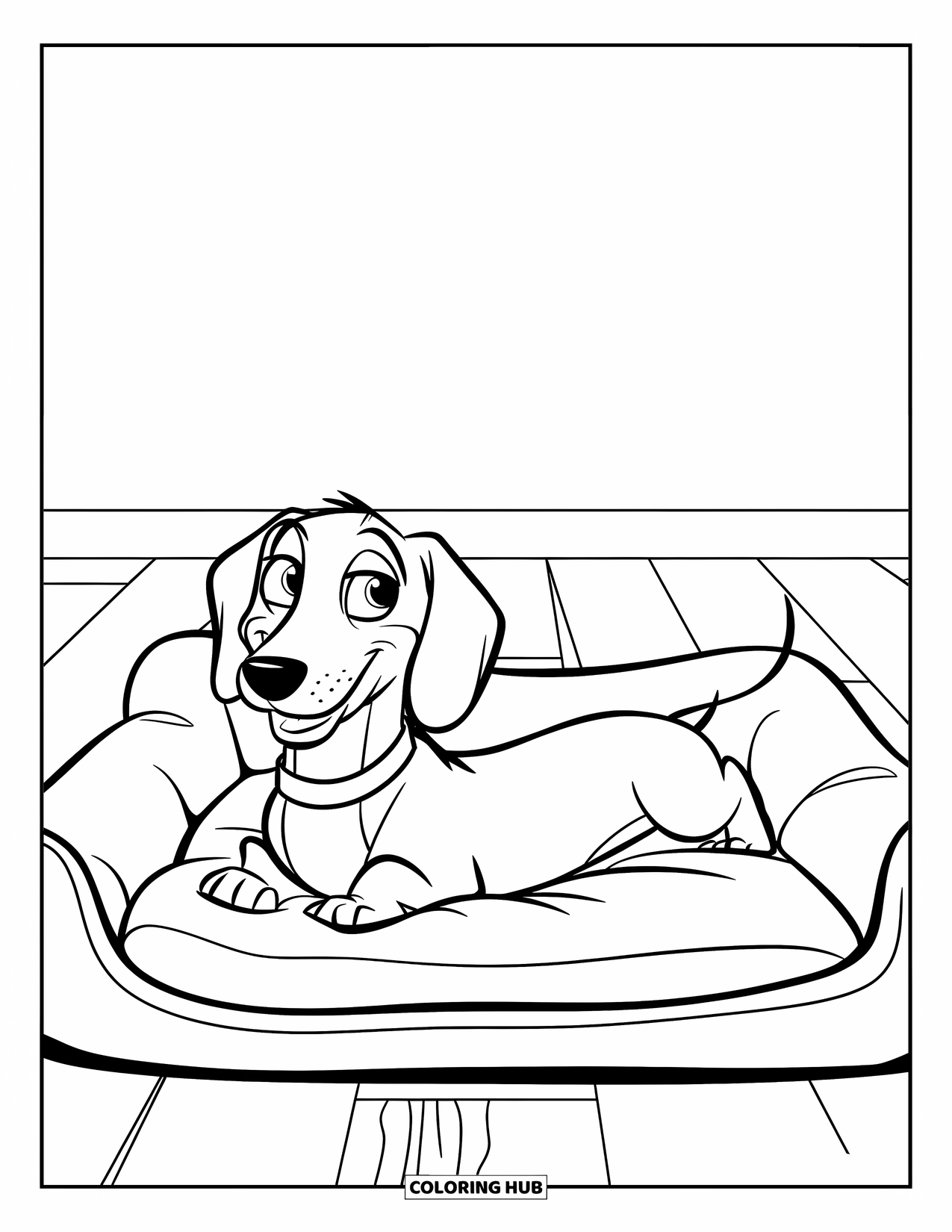 Dachshund Coloring Page for Kids: Dachshund rests happily on a soft dog bed