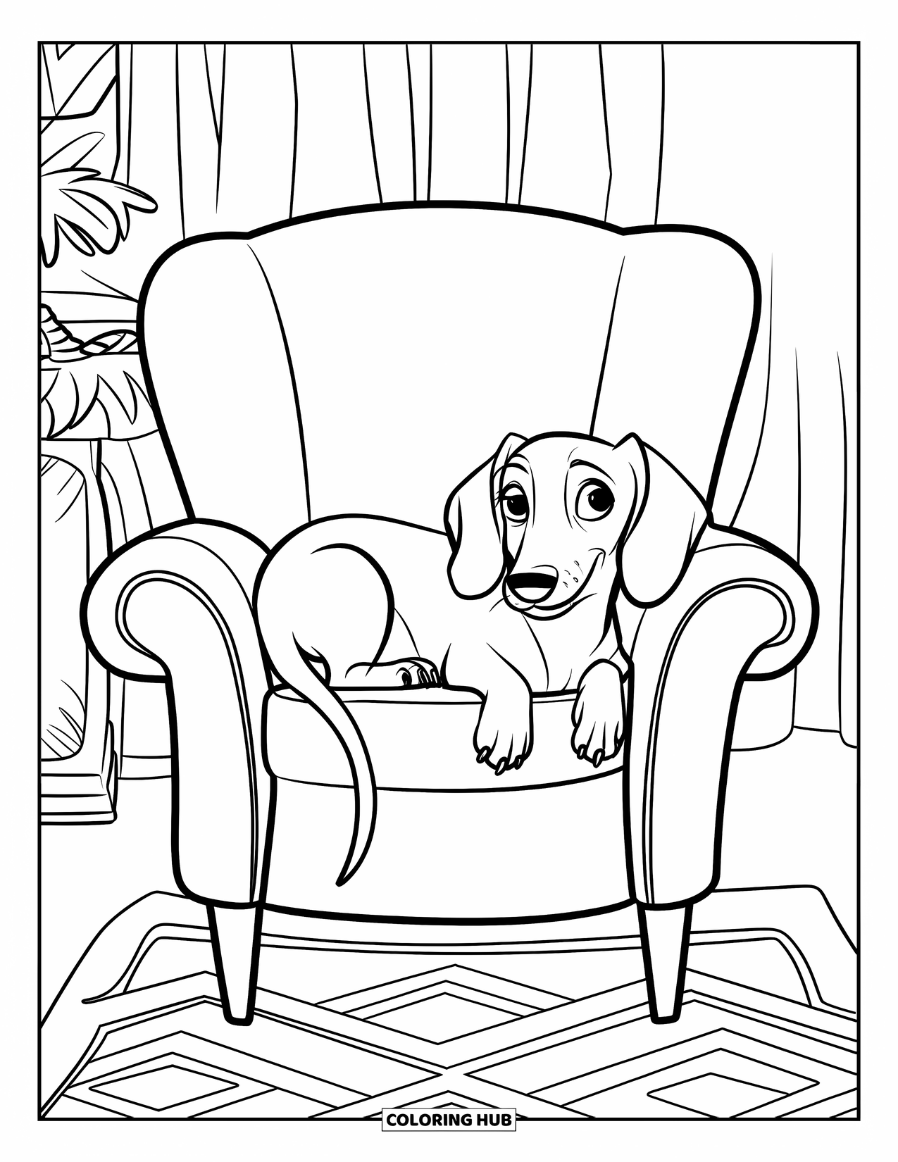 Dachshund Coloring Page for Kids: Dachshund rests on a patterned rug with paw off the chair