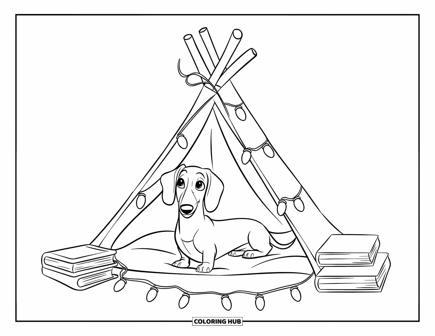 Dachshund Coloring Page for Kids: Dachshund sits in a blanket tent with books and string lights