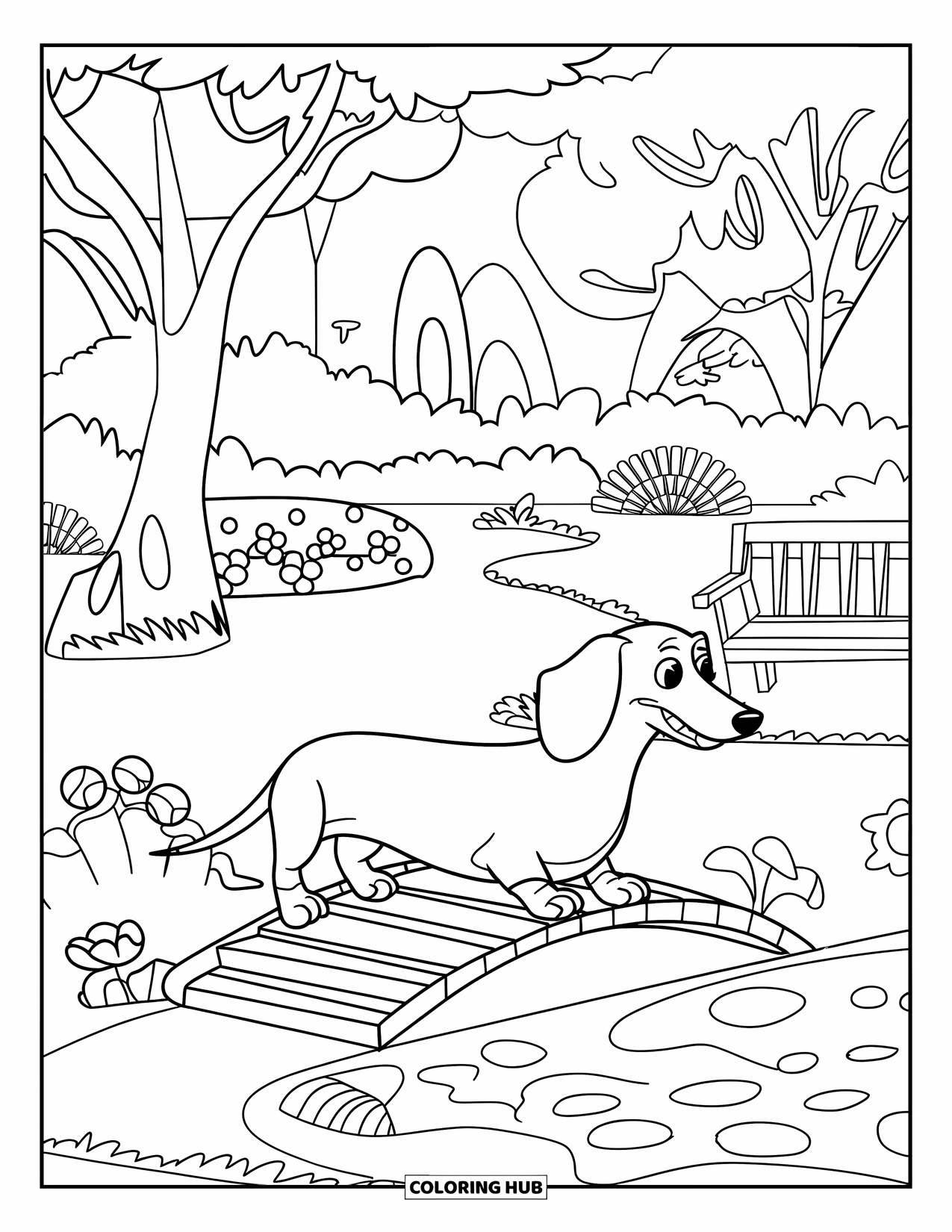 Dachshund Coloring Page for Kids: Dachshund strolls over a garden bridge with bench and sign nearby