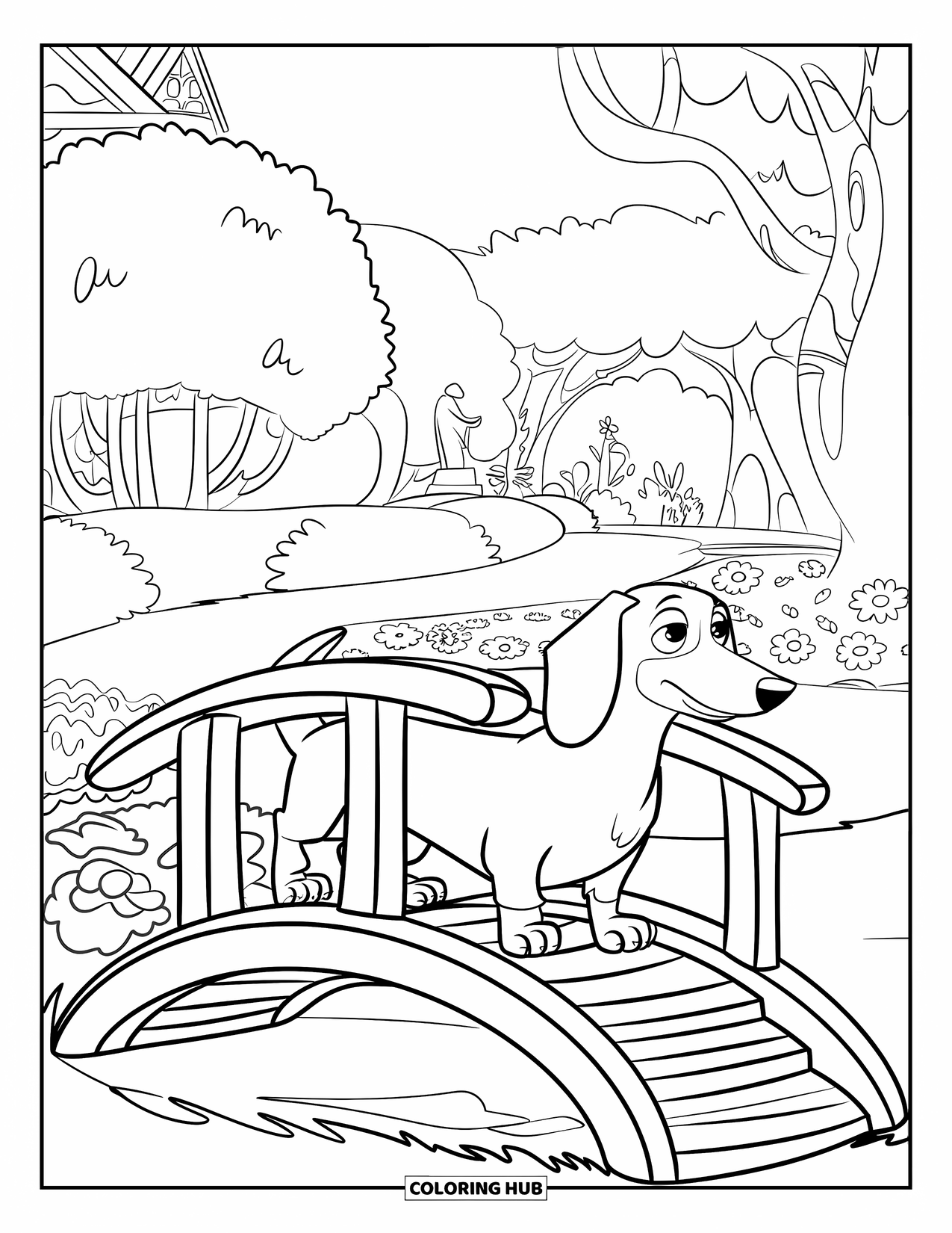 Dachshund Coloring Page for Kids: Dachshund walks over a garden bridge surrounded by flowers and trees