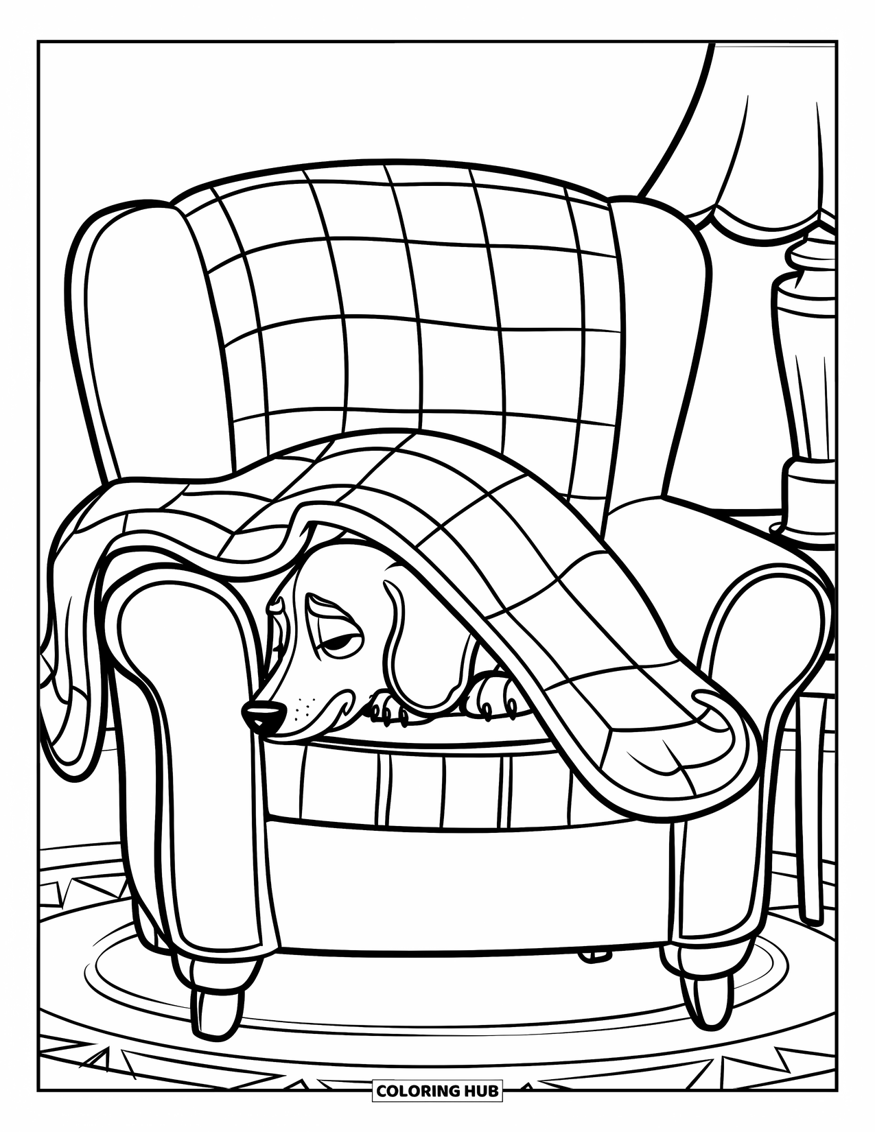 Dachshund Coloring Page for Kids: Dog naps in a padded armchair with quilt and cozy room touches