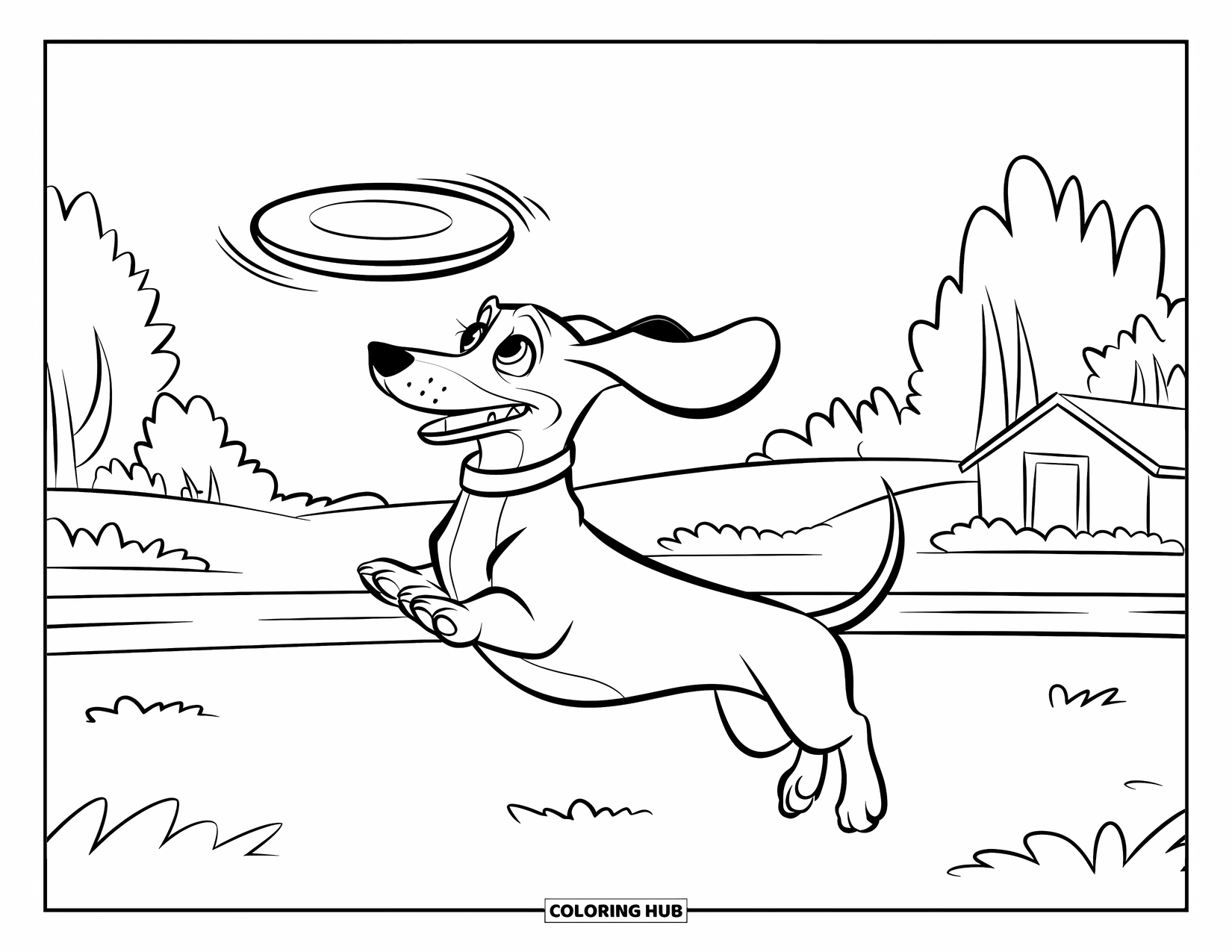 Dachshund Coloring Page for Kids: Frisbee-chasing pup jumps high near trees and a cozy home