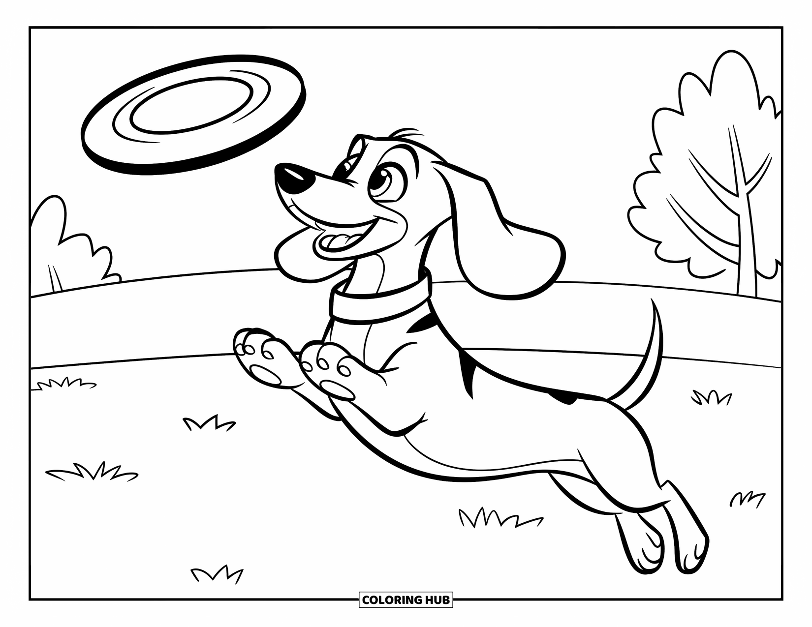 Dachshund Coloring Page for Kids: Happy pup leaps up for a frisbee with a wagging tail