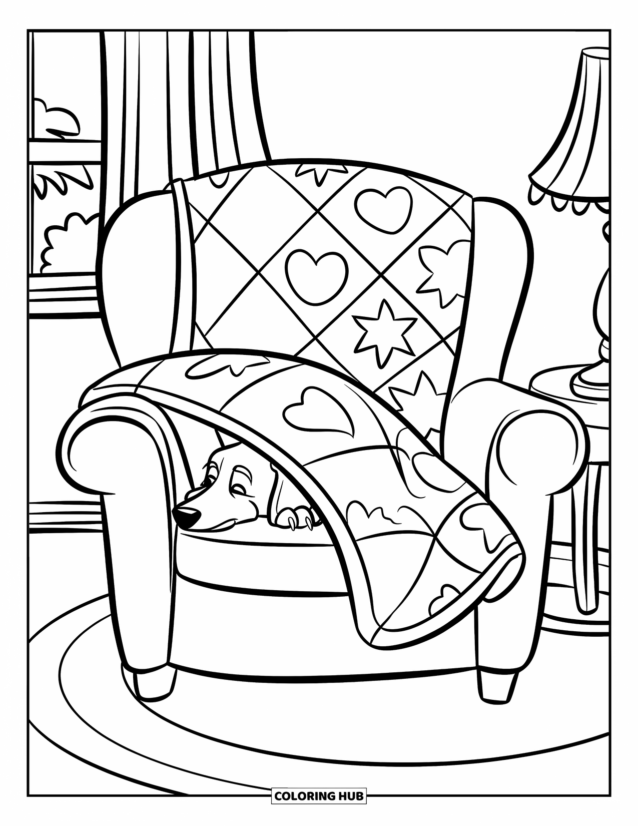 Dachshund Coloring Page for Kids: Napping dachshund curls up under a patterned quilt in a cozy chair