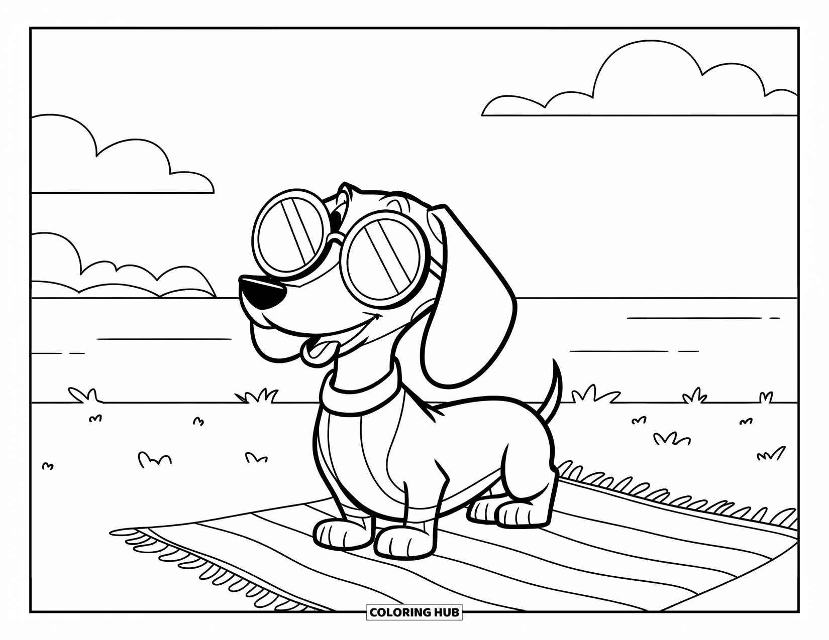 Dachshund Coloring Page for Kids: Pup chills on a towel near the water under a simple sky