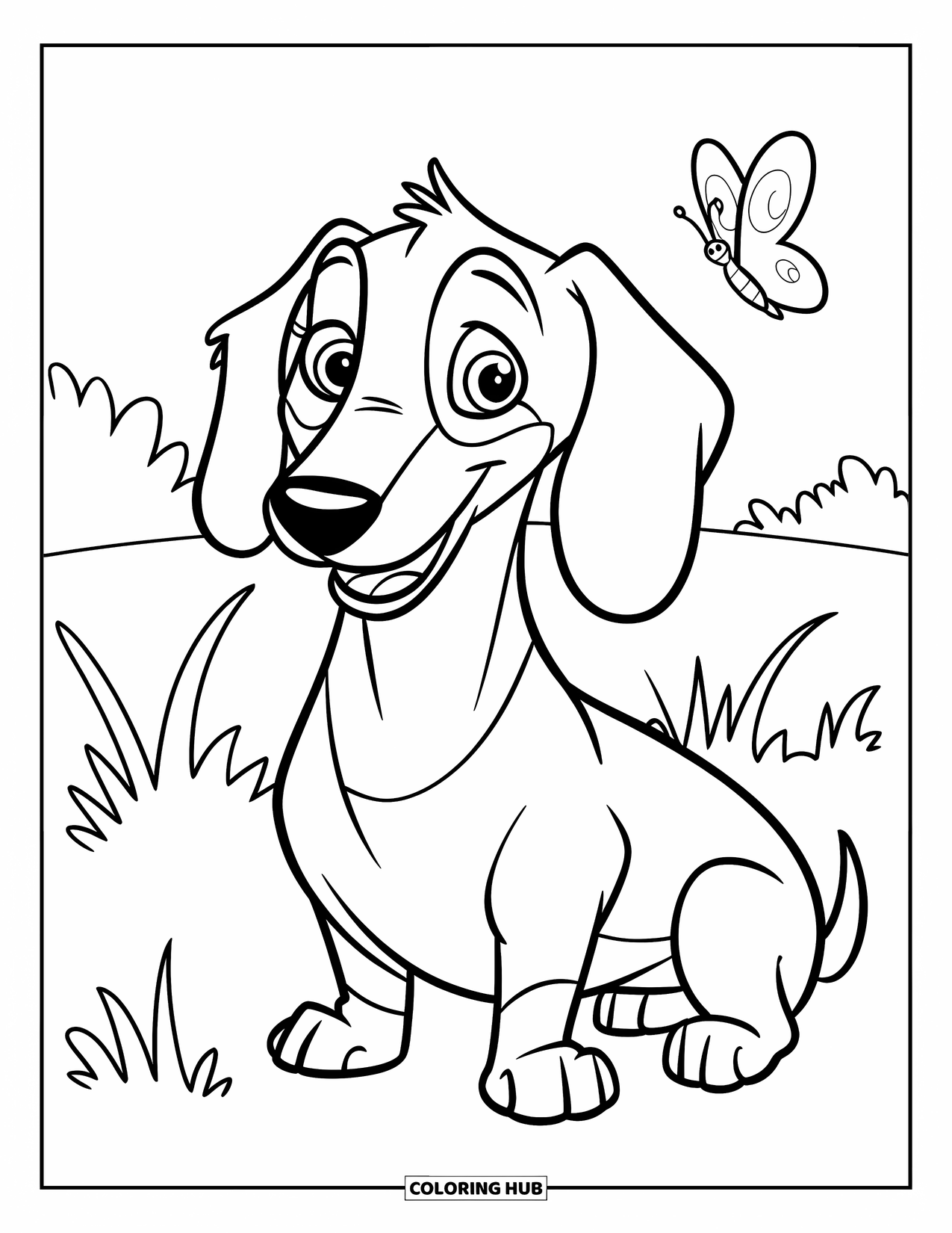 Dachshund Coloring Page for Kids: Pup enjoys the grass while watching a butterfly fly past