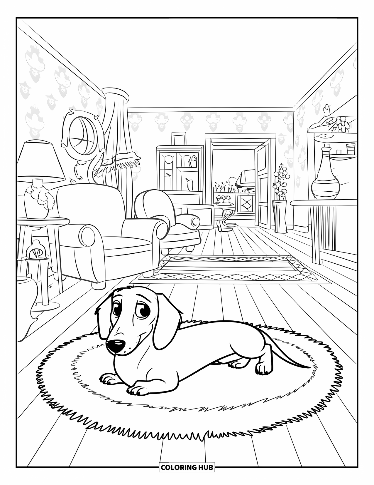 Dachshund Coloring Page for Kids: Pup lounges in a homey room with wooden floors and soft furniture