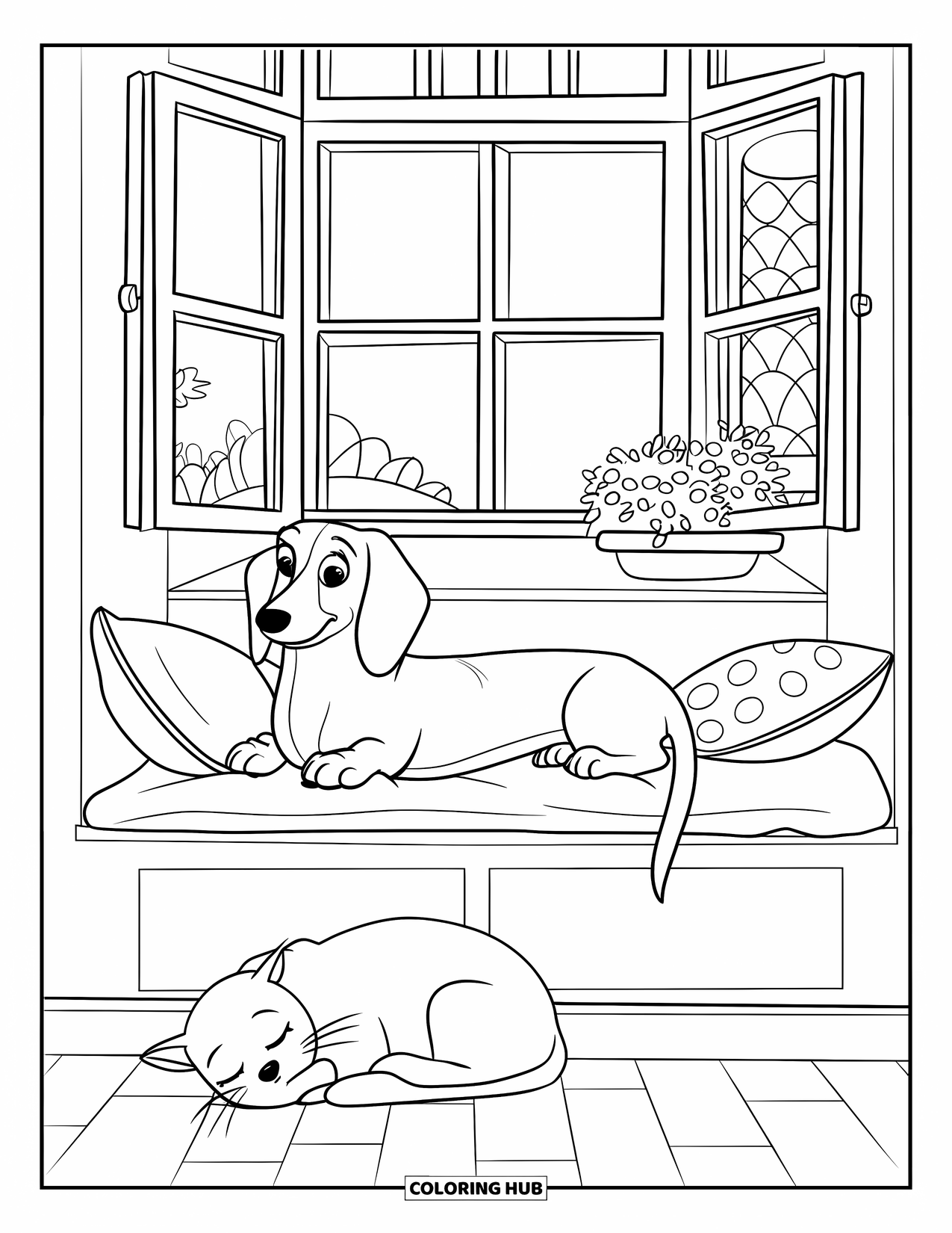 Dachshund Coloring Page for Kids: Puppy on a window seat with a plant and open window nearby