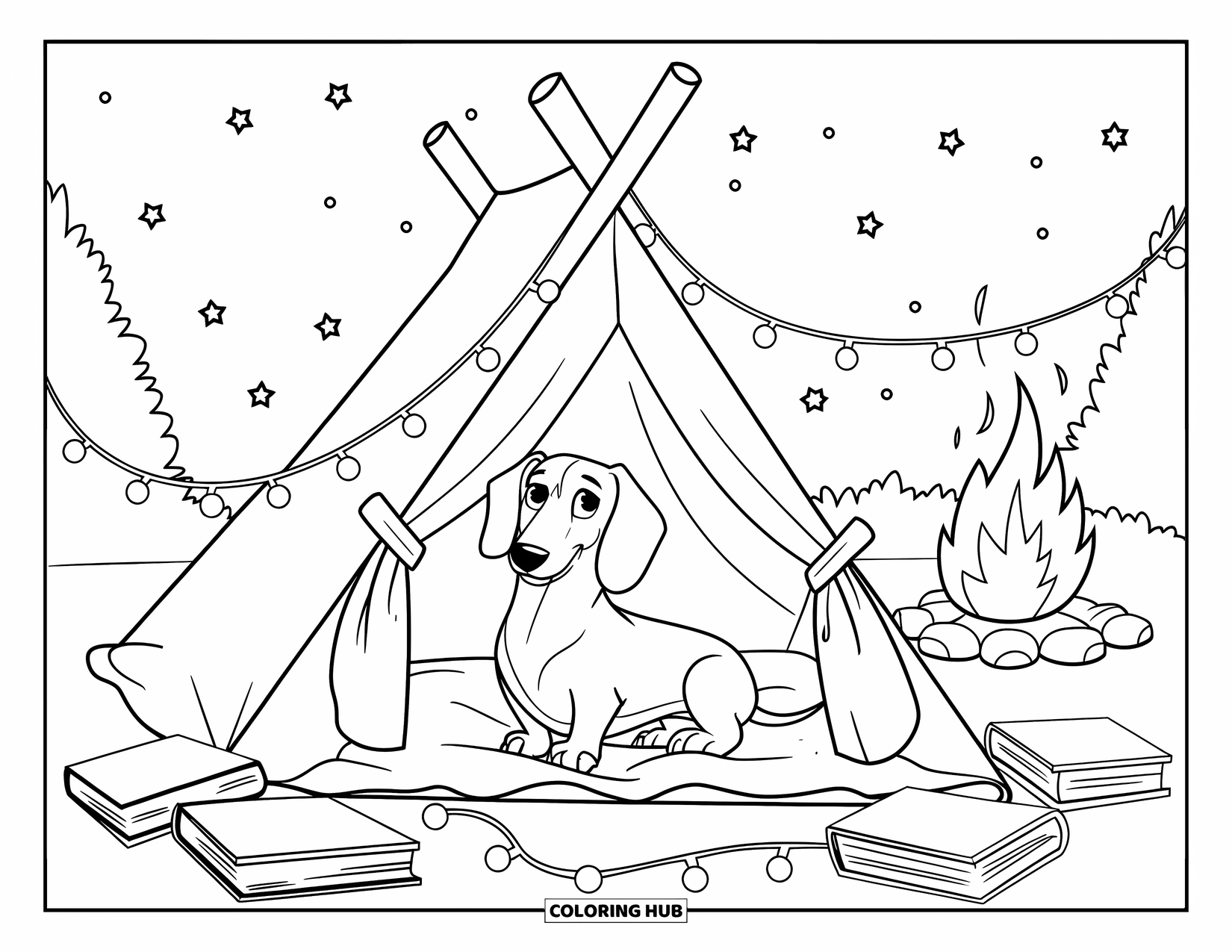 Dachshund Coloring Page for Kids: Puppy sits in a glowing tent with books and a starry campfire view