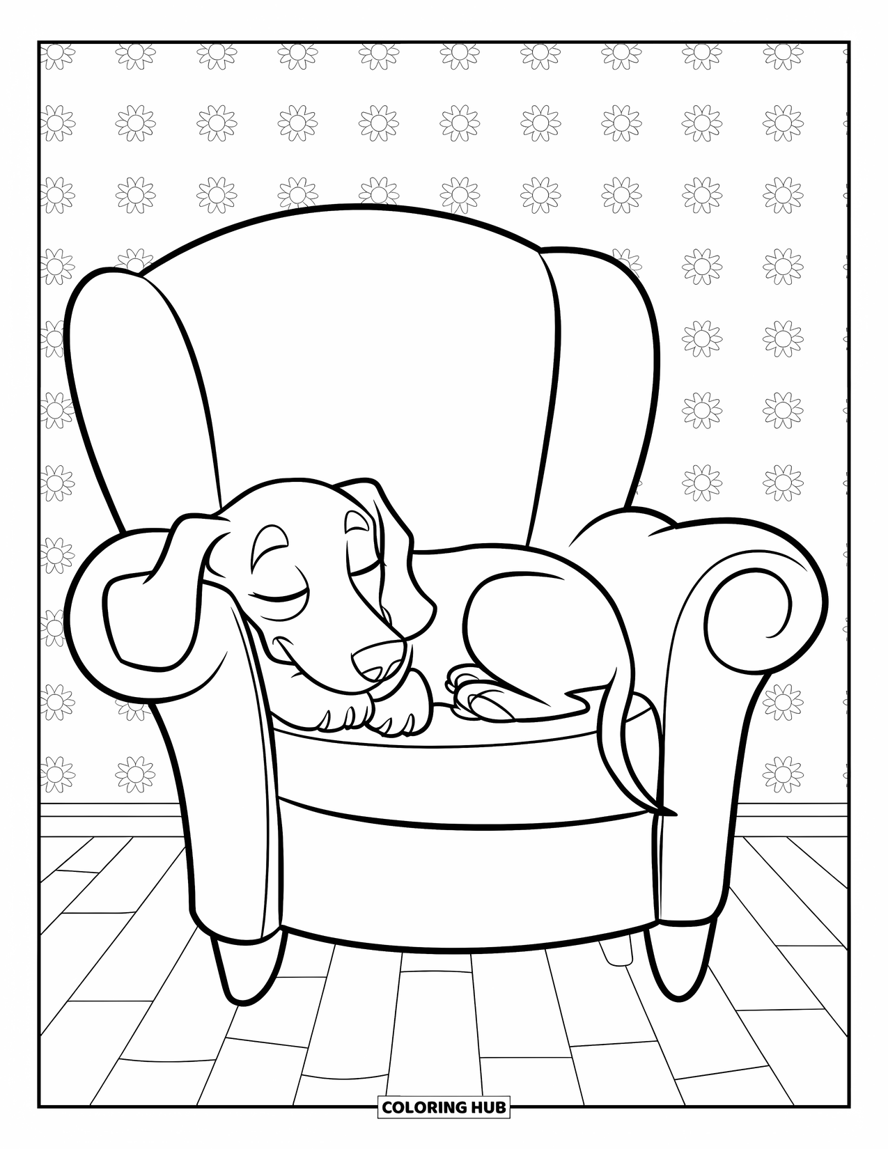 Dachshund Coloring Page for Kids: Sleepy dachshund lounges on a chair with a soft quilted backdrop