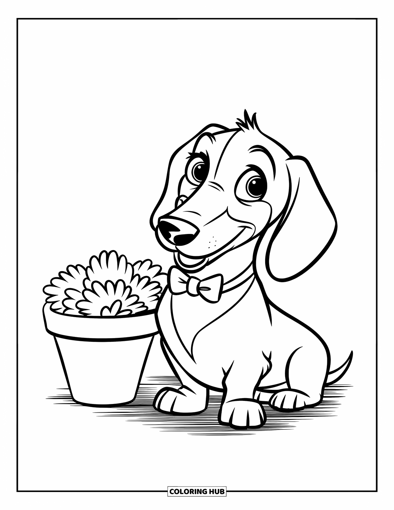 Dachshund Coloring Page for Kids: Smiling dachshund in a bowtie sits near a leafy flowerpot