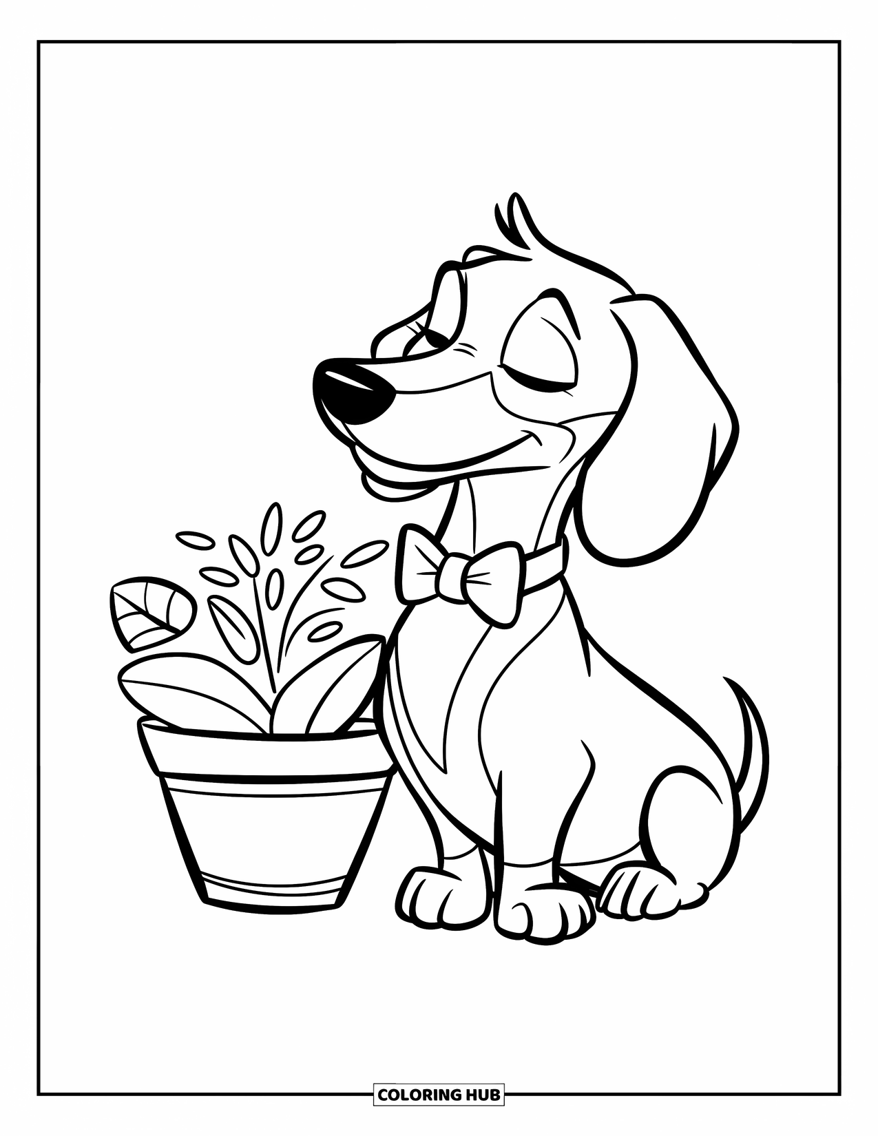Dachshund Coloring Page for Kids: Smiling pup in a bowtie relaxes beside a cheerful potted plant