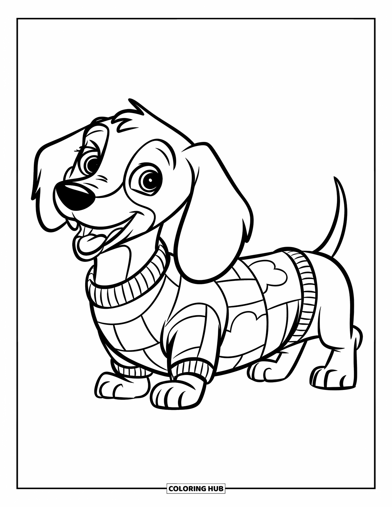 Dachshund Coloring Page for Kids: Smiling pup in a patchwork sweater stands on a grassy lawn