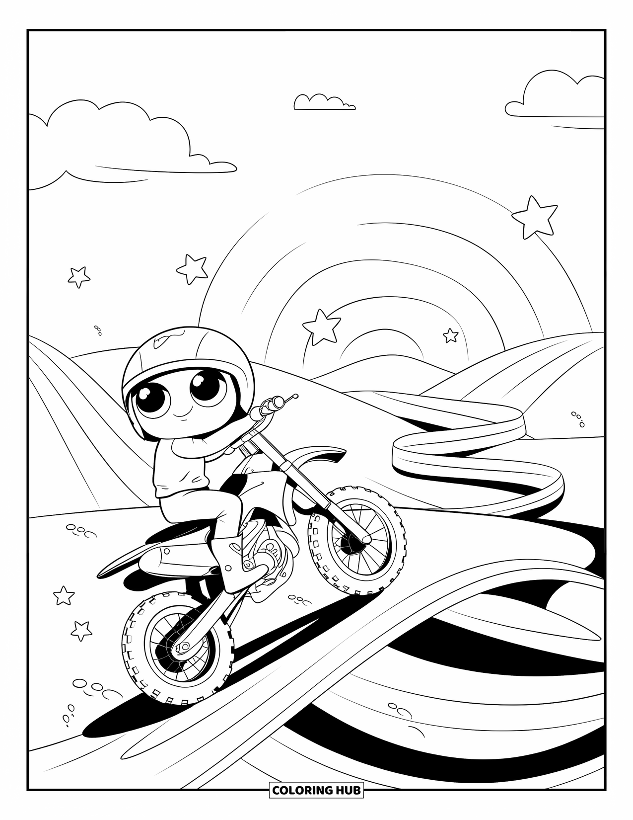 Dirt Bike Coloring Page for Adults: A cheerful dirt bike rides a ribbon path with stars, hills, and a soft rainbow