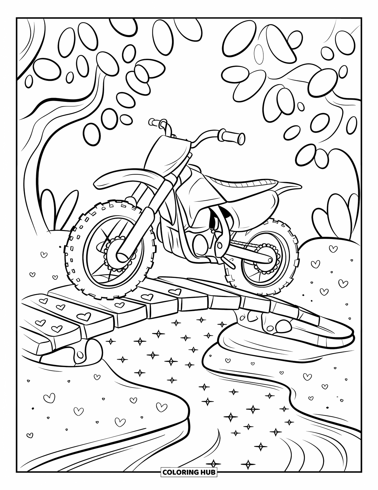 Dirt Bike Coloring Page for Adults: A chunky-wheeled bike crosses a heart-carved bridge over a sparkling stream