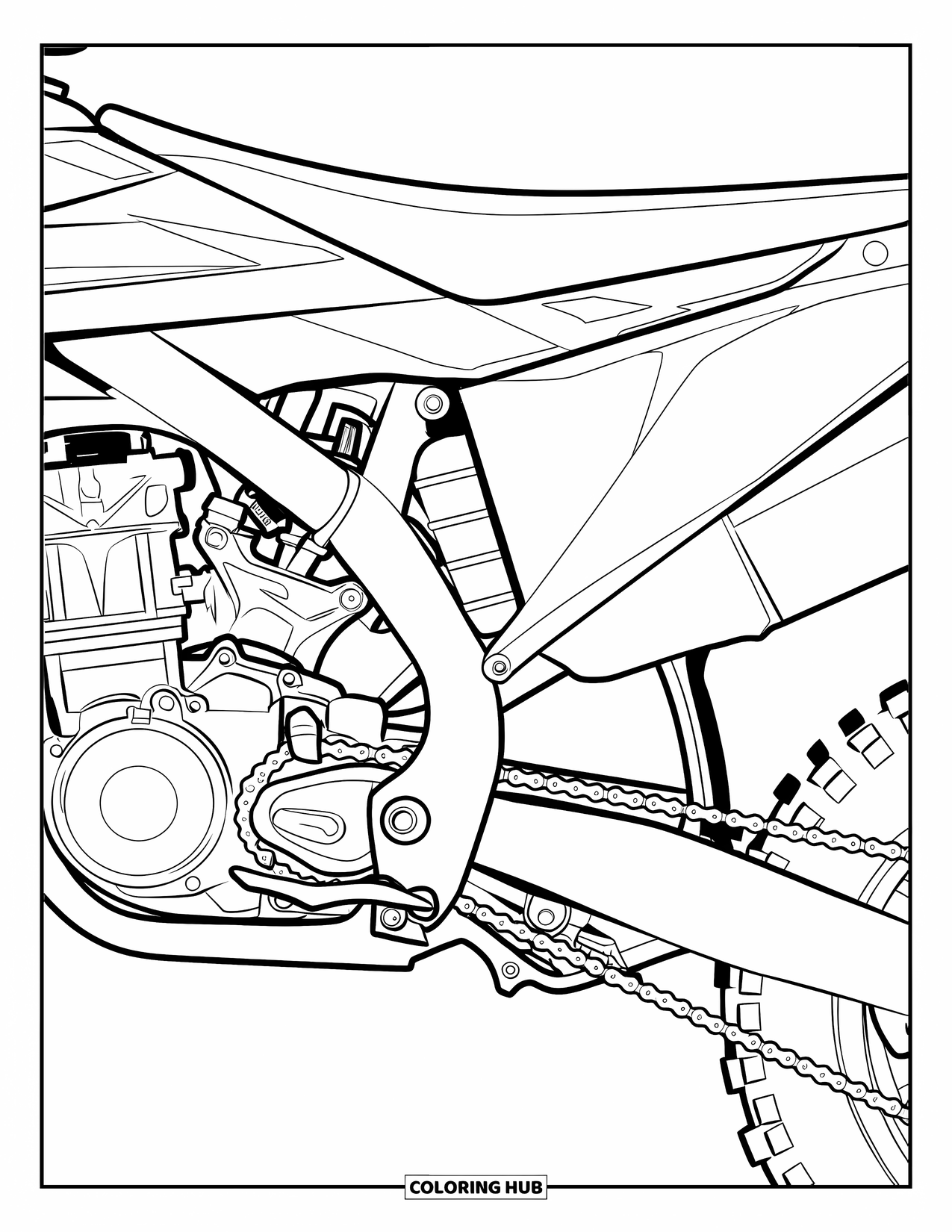 Dirt Bike Coloring Page for Adults: A close-up of a dirt bike's engine and chain with pipes, valves, and rear wheel