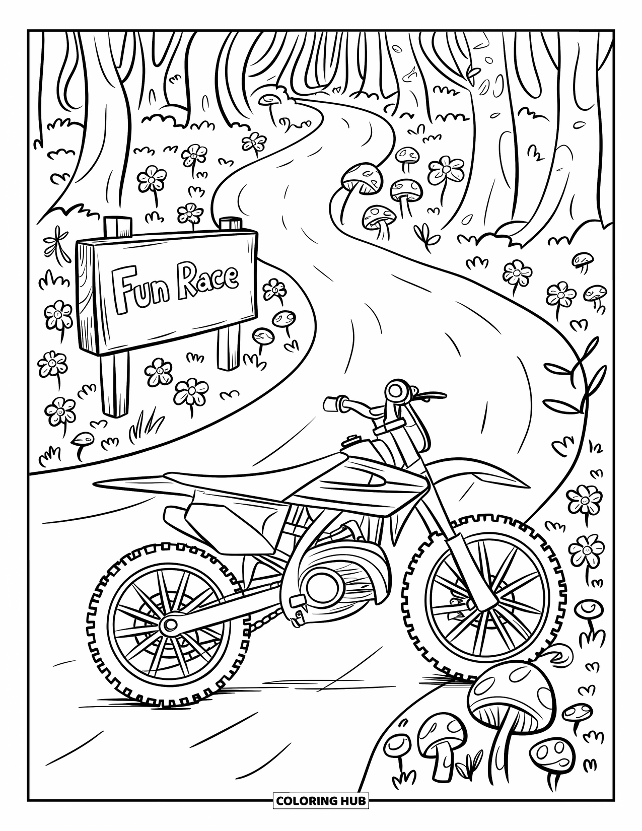 Dirt Bike Coloring Page for Adults: A cute bike pauses by a trail with smiling blooms, mushrooms, and a cozy race sign