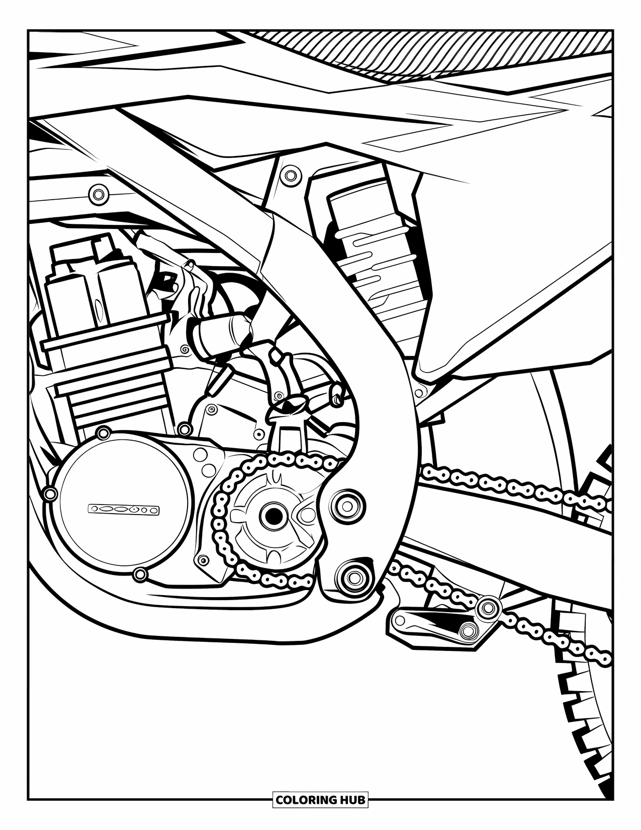 Dirt Bike Coloring Page for Adults: A dirt bike engine with multiple cylinders and a wrapped chain in close-up view