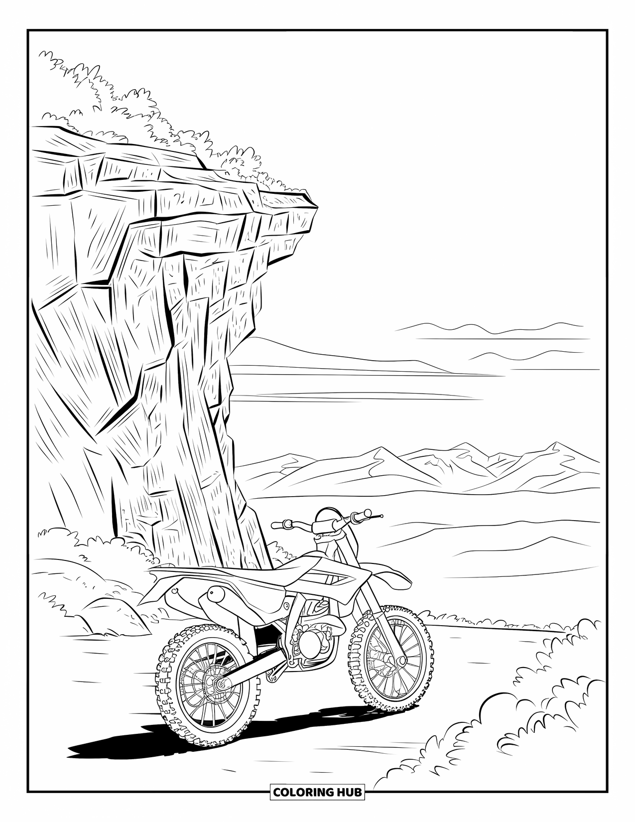 Dirt Bike Coloring Page for Adults: A dirt bike idles at a cliff's edge with rocks, peaks, and open land behind