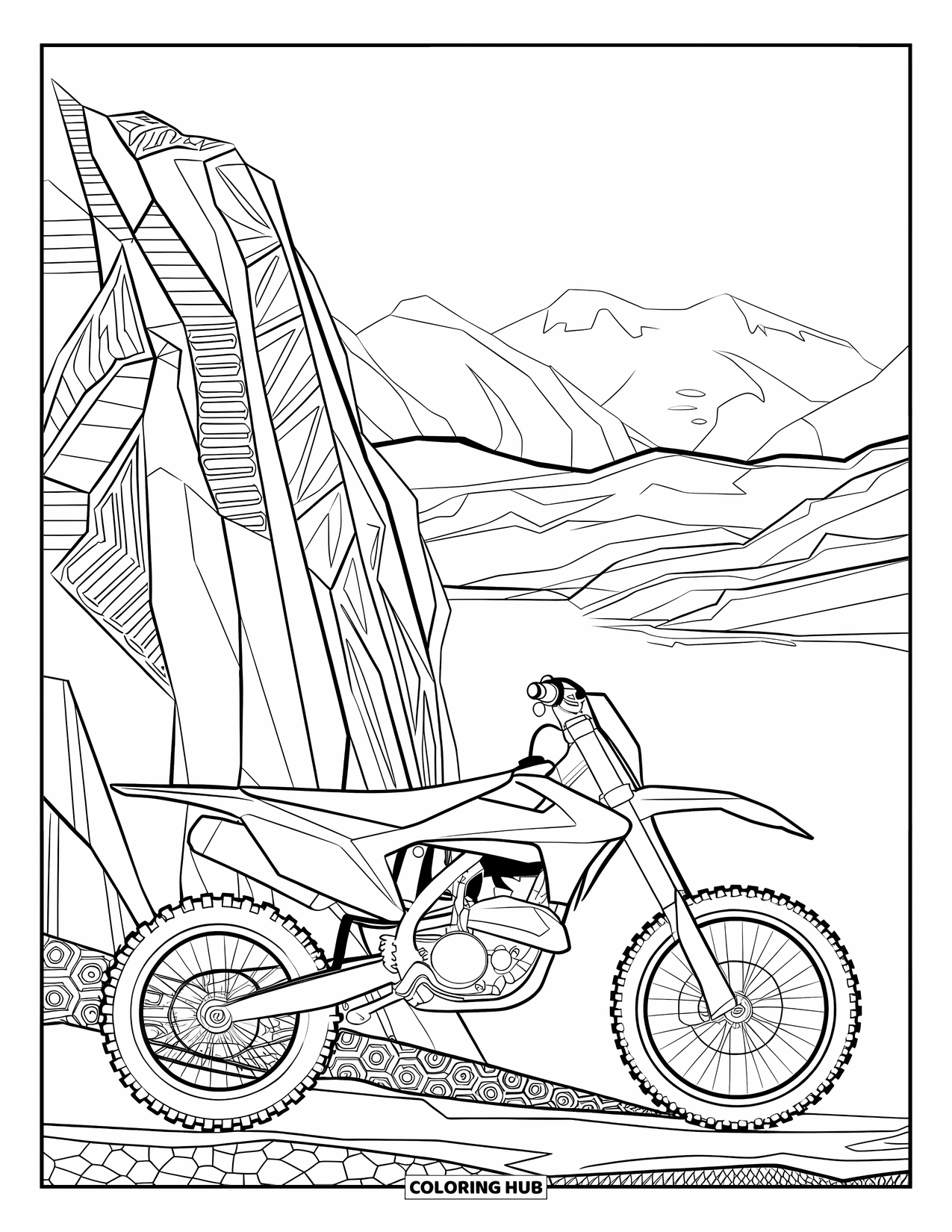 Dirt Bike Coloring Page for Adults: A dirt bike is parked beside a rocky cliff with distant mountains behind
