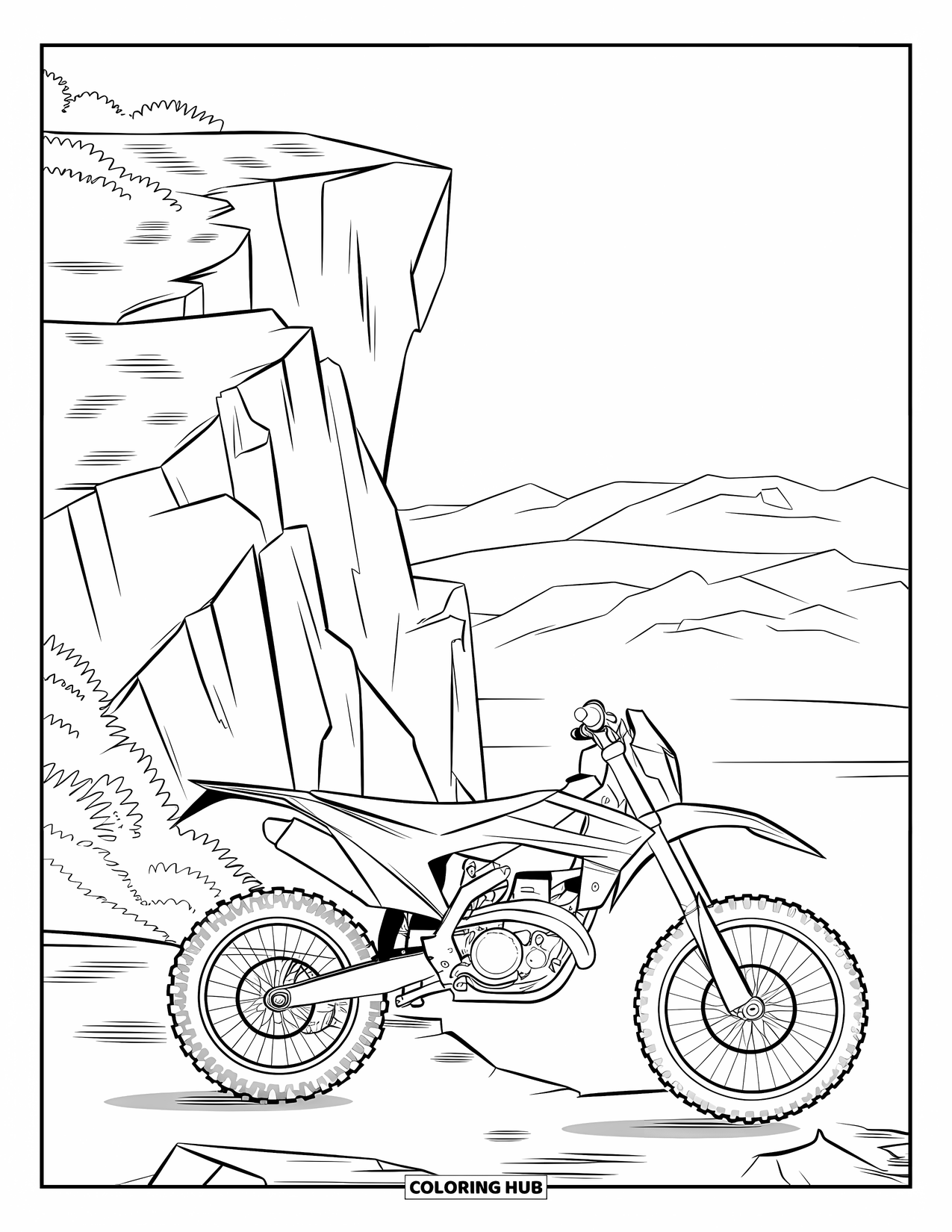 Dirt Bike Coloring Page for Adults: A dirt bike is parked near a cliff with rocky formations and mountain views