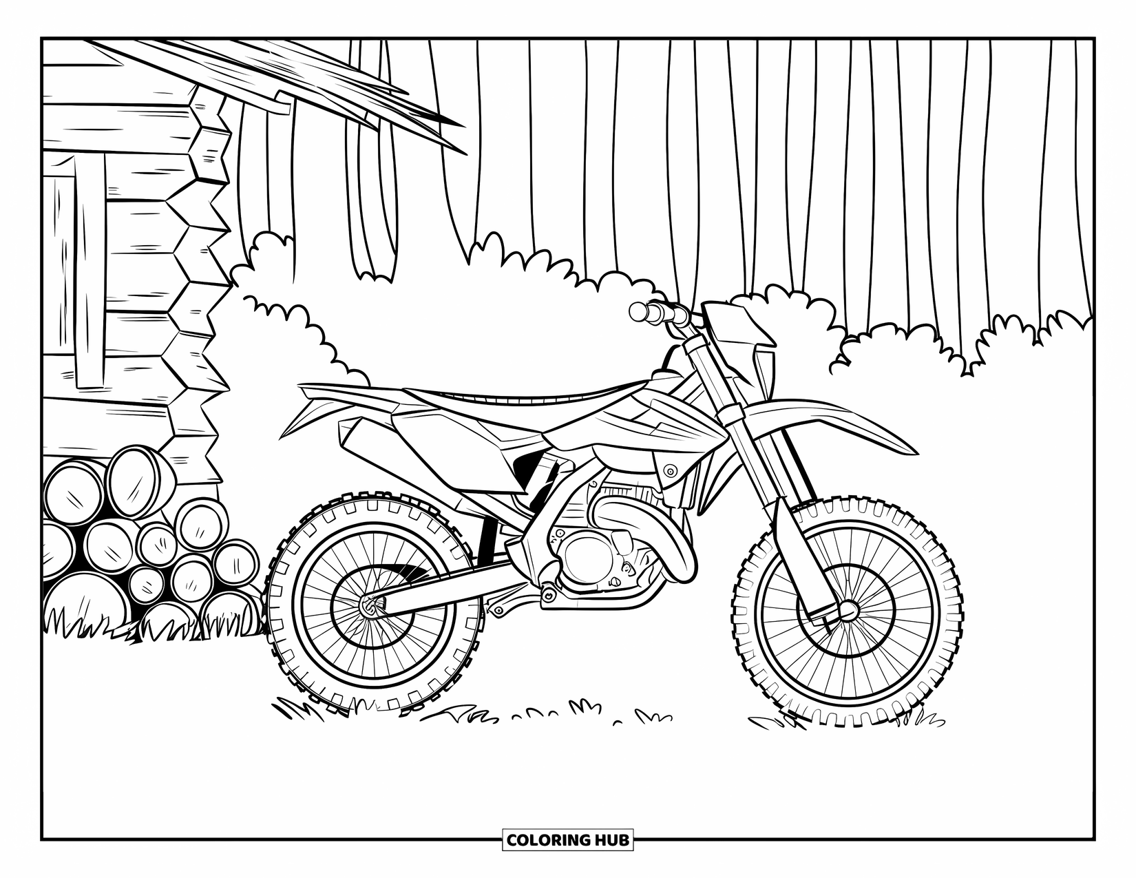 Dirt Bike Coloring Page for Adults: A dirt bike leans near a rustic cabin with tall trees in the background