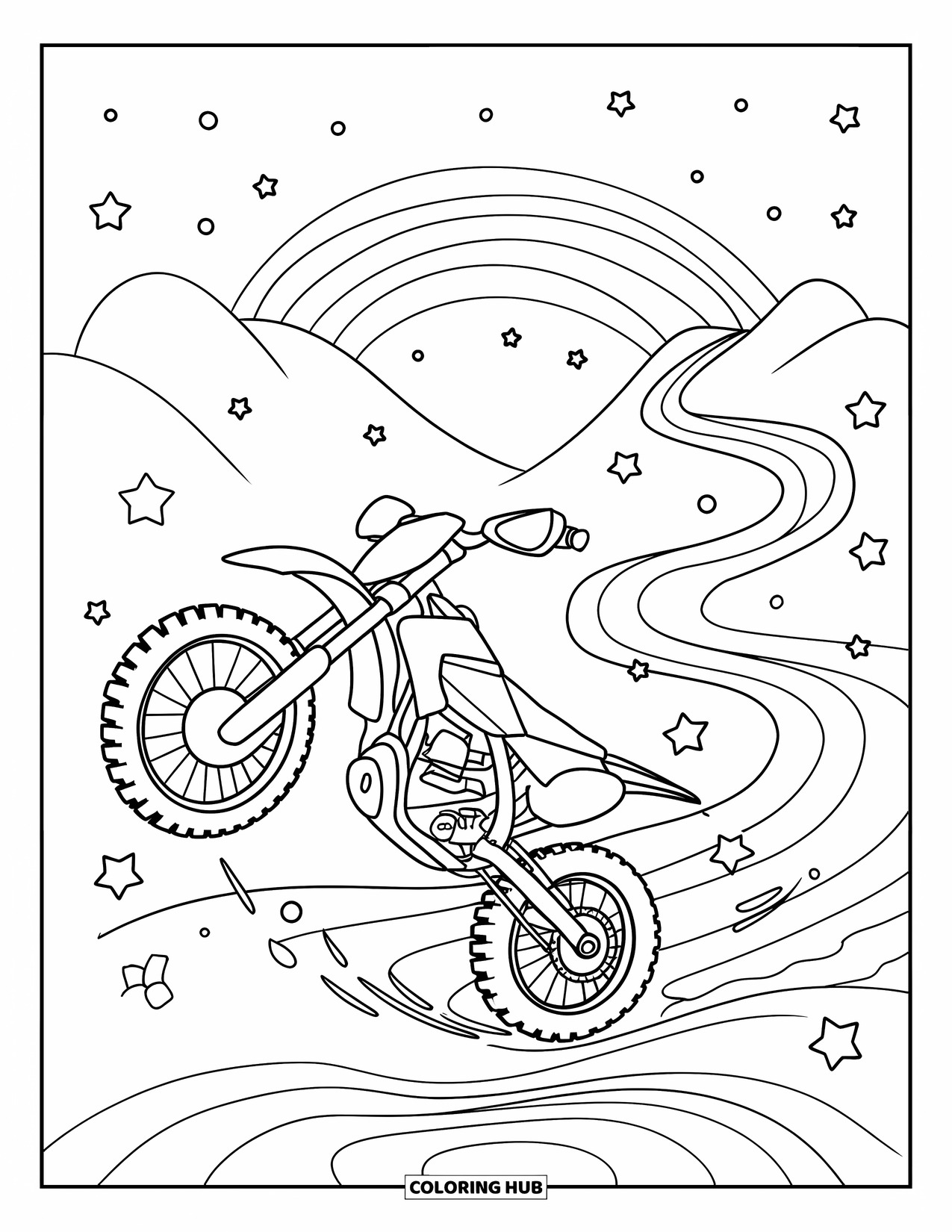 Dirt Bike Coloring Page for Adults: A dirt bike pops a wheelie on a winding trail with stars and a rainbow ahead