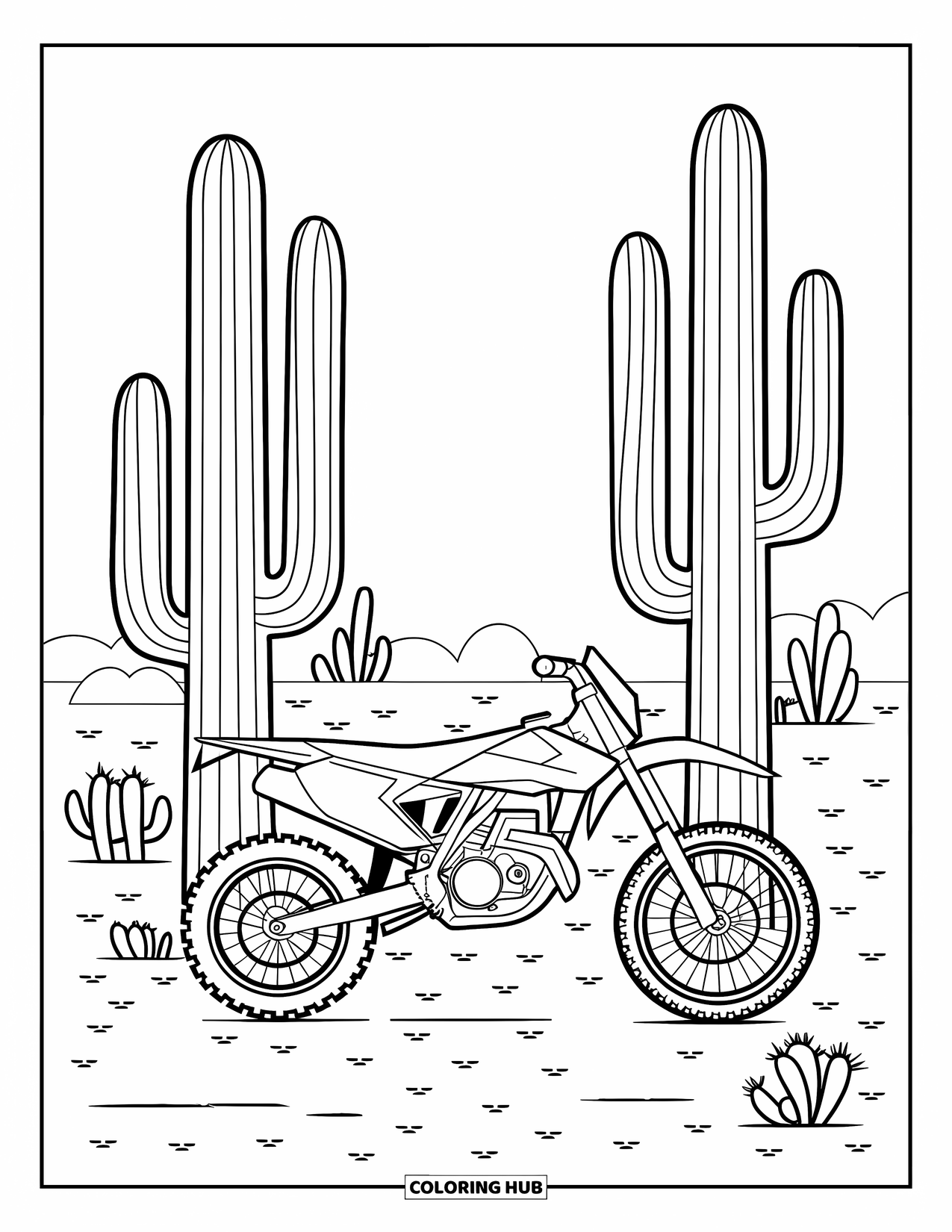 Dirt Bike Coloring Page for Adults: A dirt bike stands beneath desert cacti with a snake and lizard on rocky ground