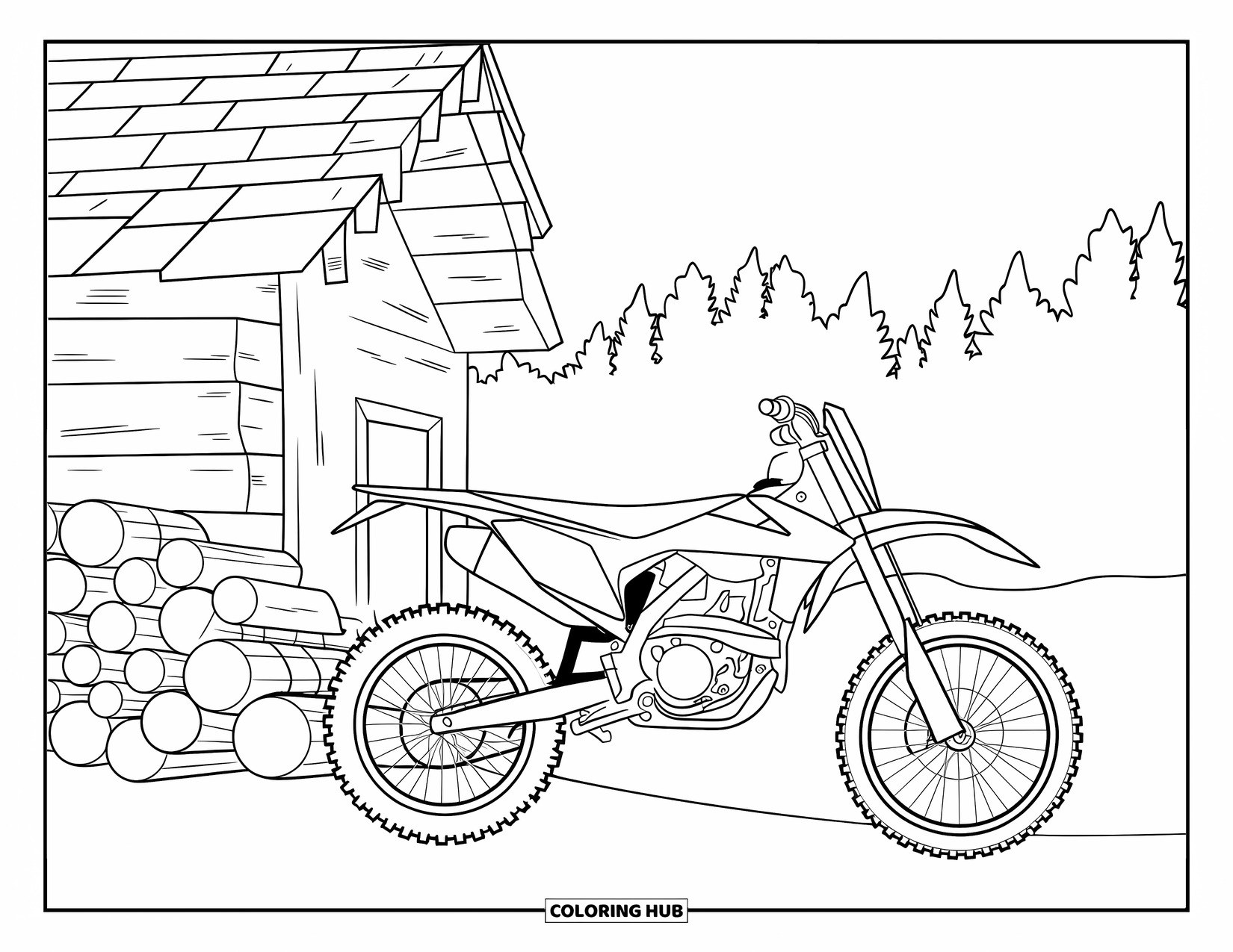Dirt Bike Coloring Page for Adults: A dirt bike stands beside a cabin with logs and a forest view