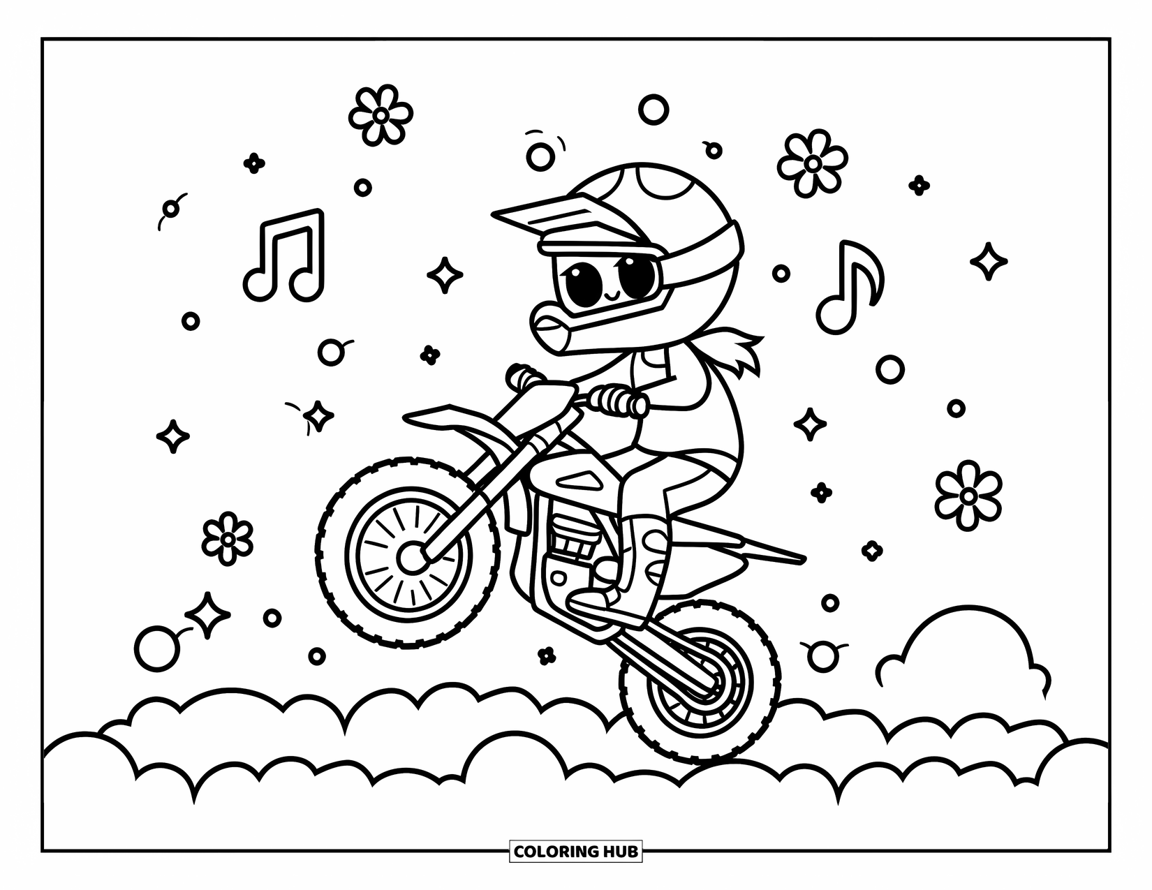 Dirt Bike Coloring Page for Adults: A happy rider soars gently over clouds in a sky full of sparkles and music notes