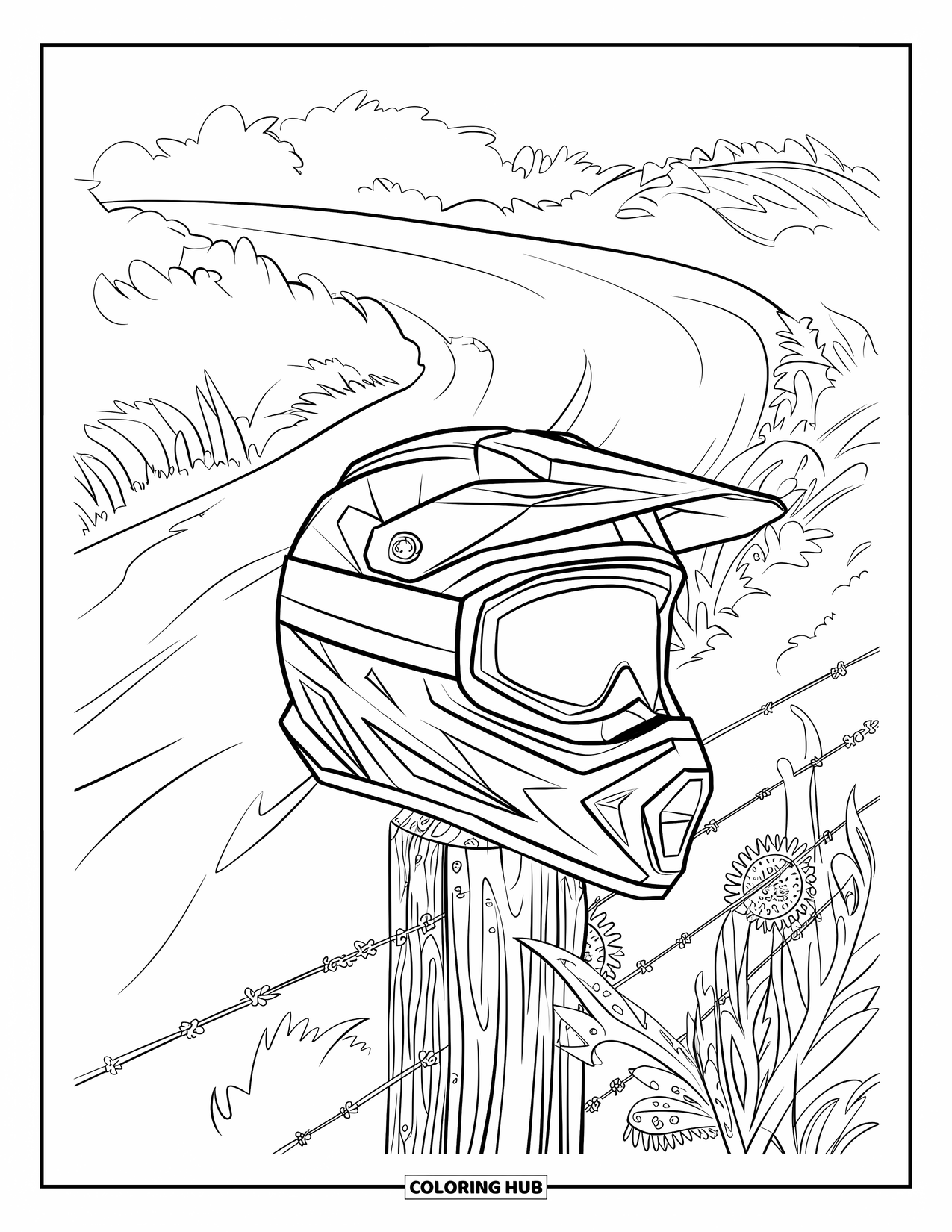 Dirt Bike Coloring Page for Adults: A helmet balances on a fence post with patterns and mountain scenery around it