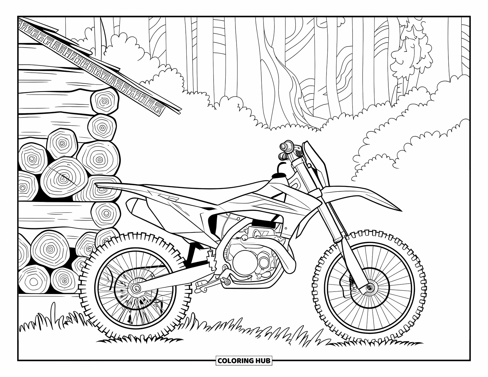 Dirt Bike Coloring Page for Adults: A parked dirt bike sits next to a forest cabin with chopped wood nearby