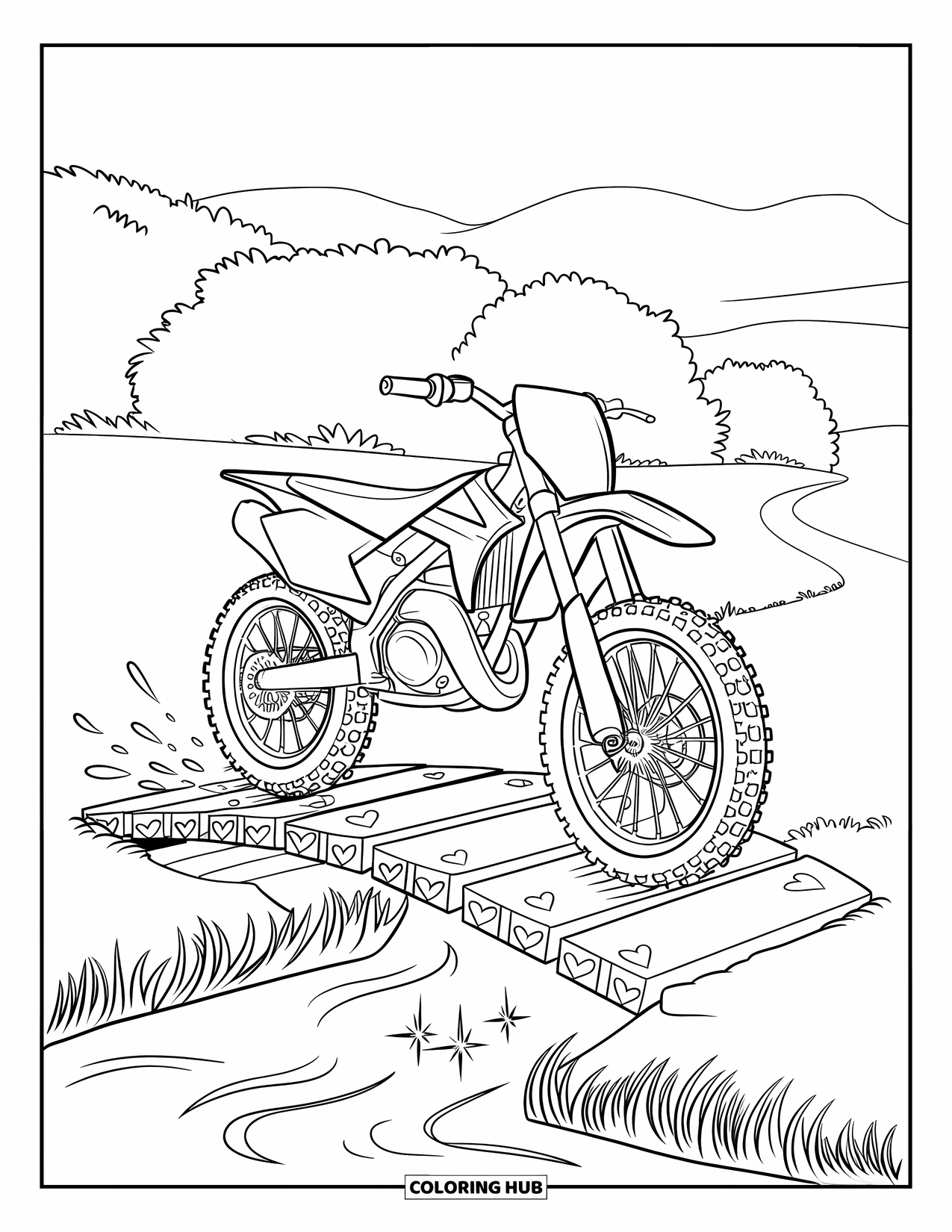 Dirt Bike Coloring Page for Adults: A playful dirt bike rides across a bridge with heart planks and distant mountains