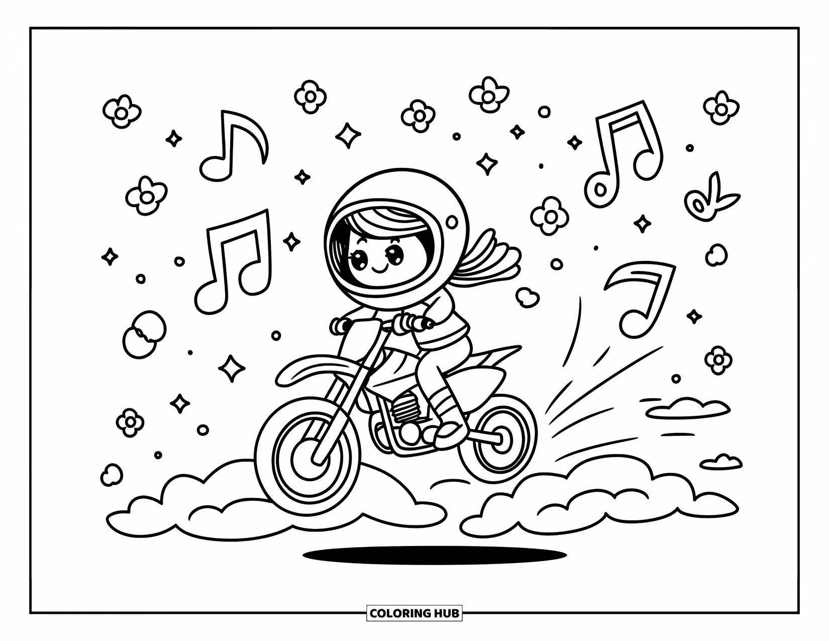 Dirt Bike Coloring Page for Adults: A sweet rider with a big helmet floats above clouds with playful sparkles and flowers