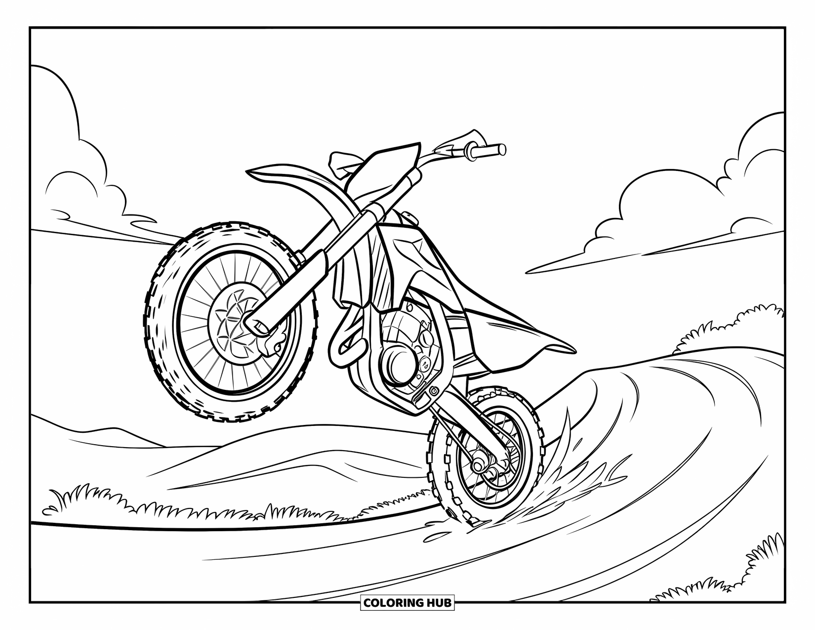 Dirt Bike Coloring Page for Kids: A bike does a wheelie on a smooth trail beneath fluffy clouds and a clear sky