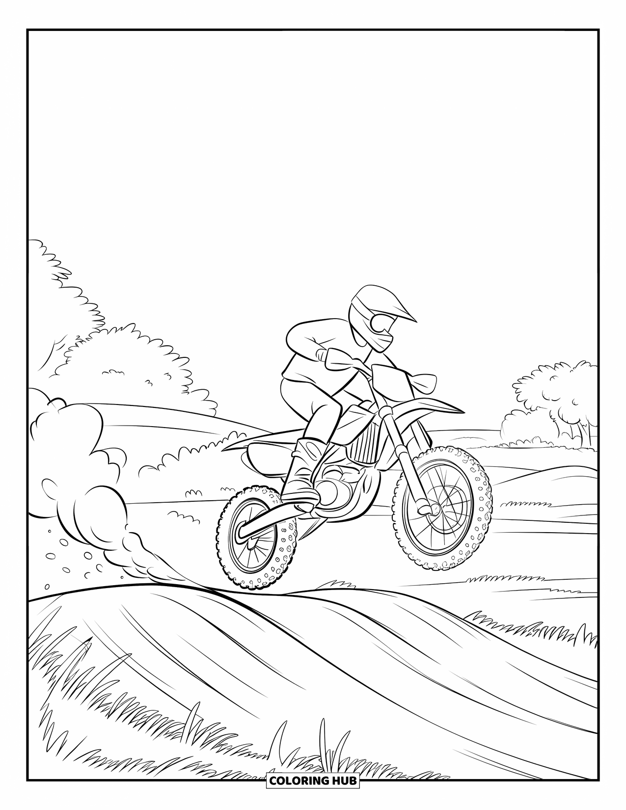 Dirt Bike Coloring Page for Kids: A bike flies over a mound with dust trailing in an open field