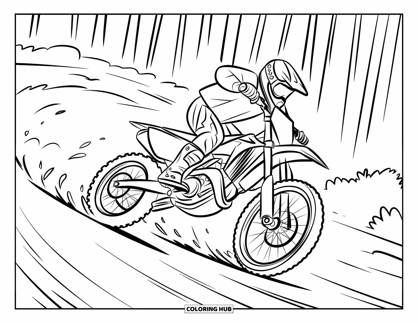 Dirt Bike Coloring Page for Kids: A bike tilts on a downhill trail with swirling dust and tall forest trees