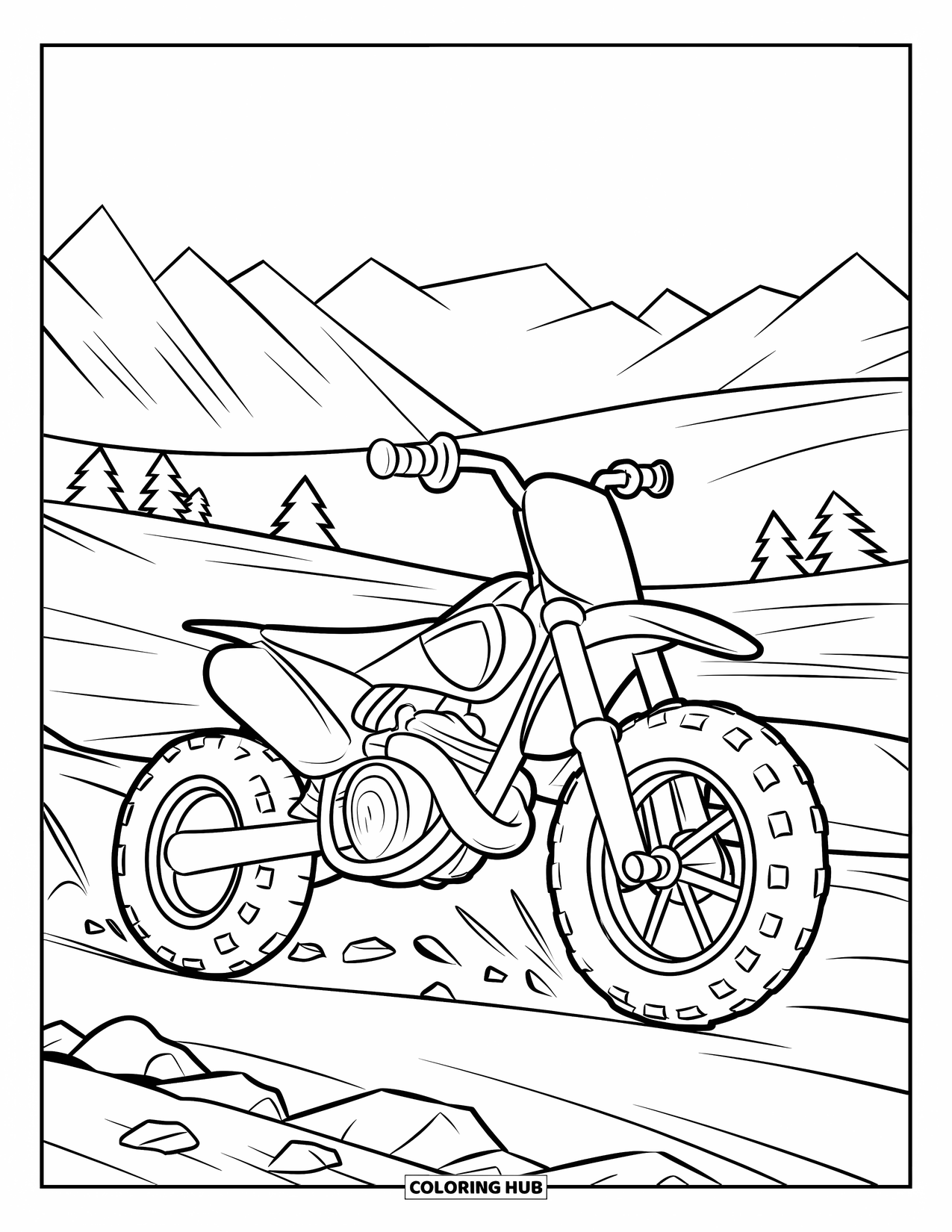 Dirt Bike Coloring Page for Kids: A bike with large tires drives over tiny rocks with a peaceful view behind