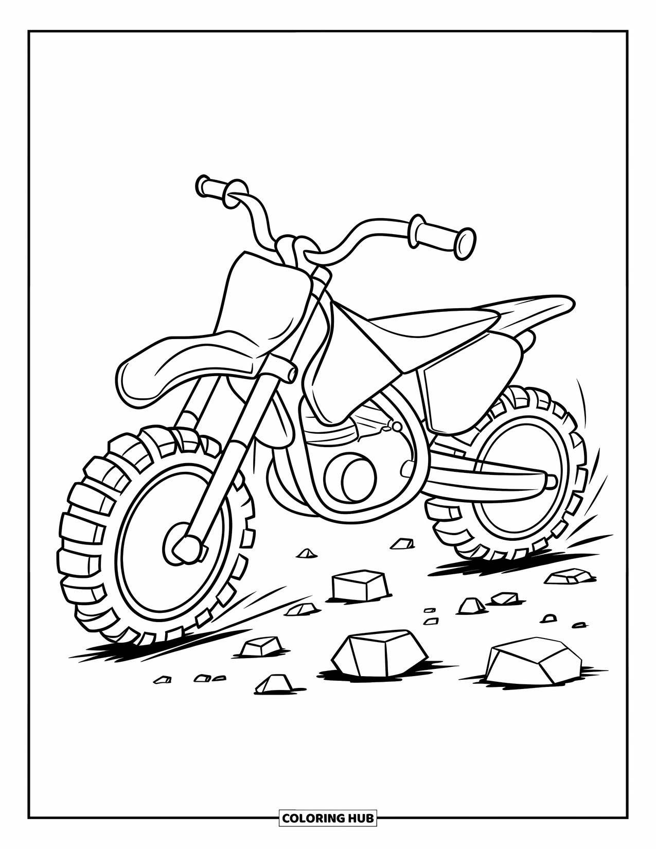 Dirt Bike Coloring Page for Kids: A cute bike with big tires rides over scattered rocks on open ground