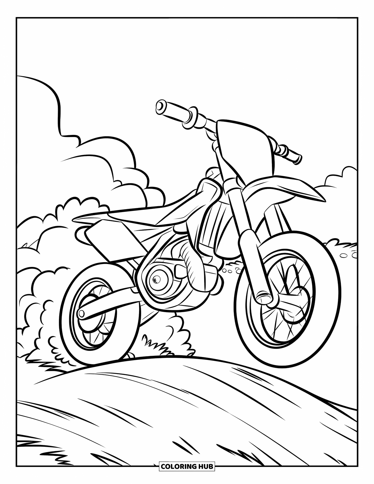 Dirt Bike Coloring Page for Kids: A cute dirt bike jumps over a bump with puffs of dust trailing behind